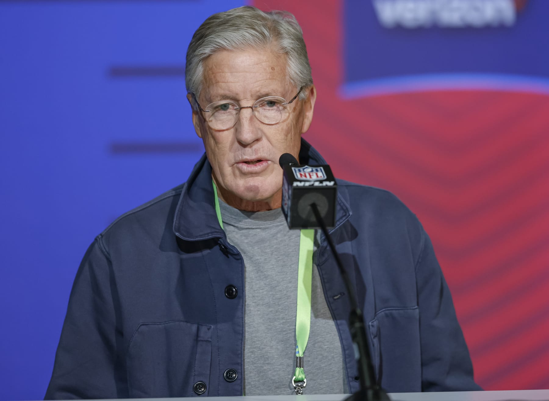 INDIANAPOLIS, IN - MAR 02: Head coach, Pete Carroll of the Seattle Seahawks speaks to reporters during the NFL Draft Combine at the Indiana Convention Center on March 2, 2022 in Indianapolis, Indiana. (Photo by Michael Hickey/Getty Images)