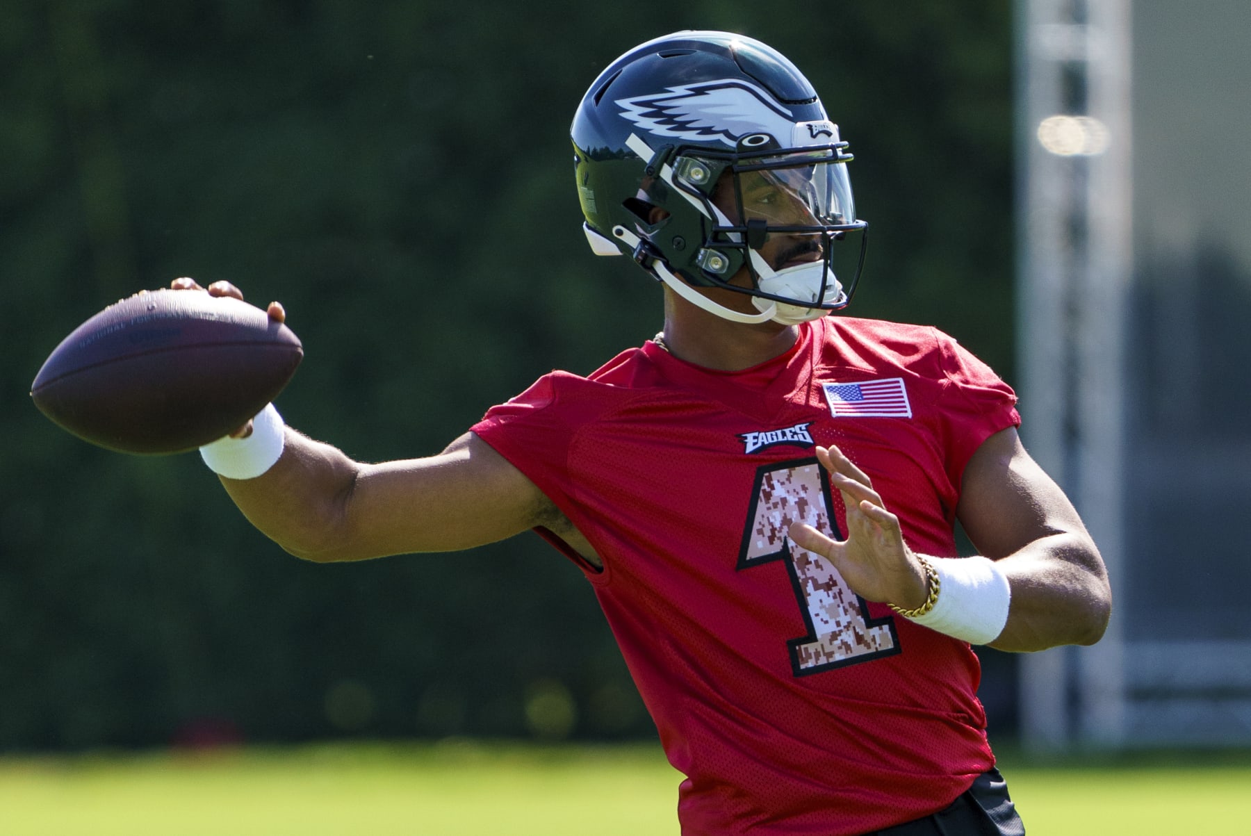 Philadelphia Eagles' Jalen Hurts in action during practice at NFL football team's training camp, Saturday, July 30, 2022, in Philadelphia. (AP Photo/Chris Szagola)