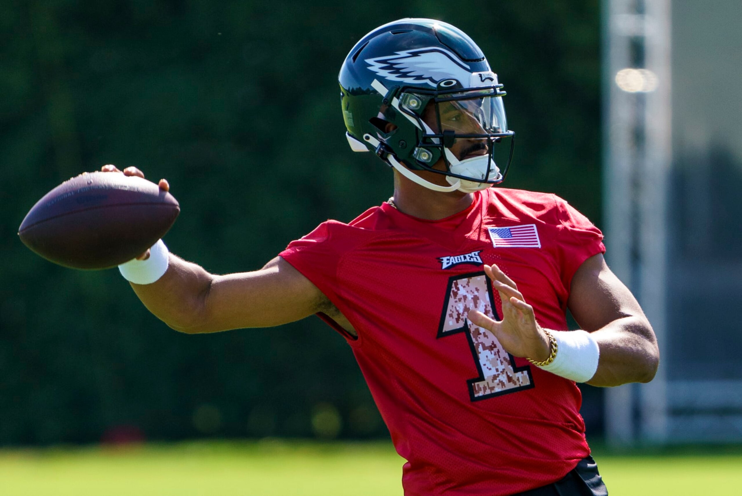 Philadelphia Eagles' Jalen Hurts in action during practice at NFL football team's training camp, Saturday, July 30, 2022, in Philadelphia. (AP Photo/Chris Szagola)