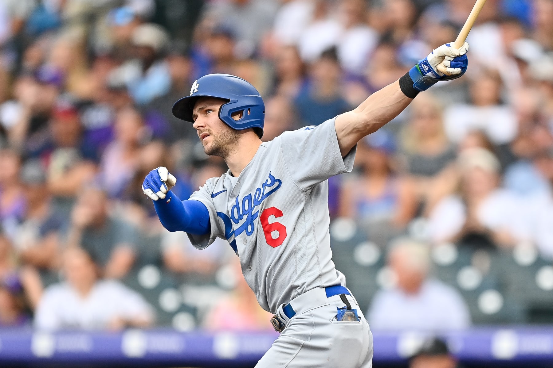 DENVER, CO - JULY 30: Los Angeles Dodgers shortstop Trea Turner (6) hits a third inning solo home run during a game between the Los Angeles Dodgers and the Colorado Rockies at Coors Field on July 30, 2022 in Denver, Colorado. (Photo by Dustin Bradford/Icon Sportswire via Getty Images)