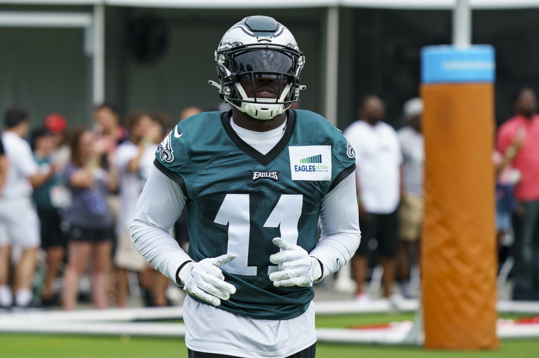 Philadelphia Eagles' A.J. Brown in action during practice at NFL football team's training camp, Wednesday, July 27, 2022, in Philadelphia. (AP Photo/Chris Szagola)