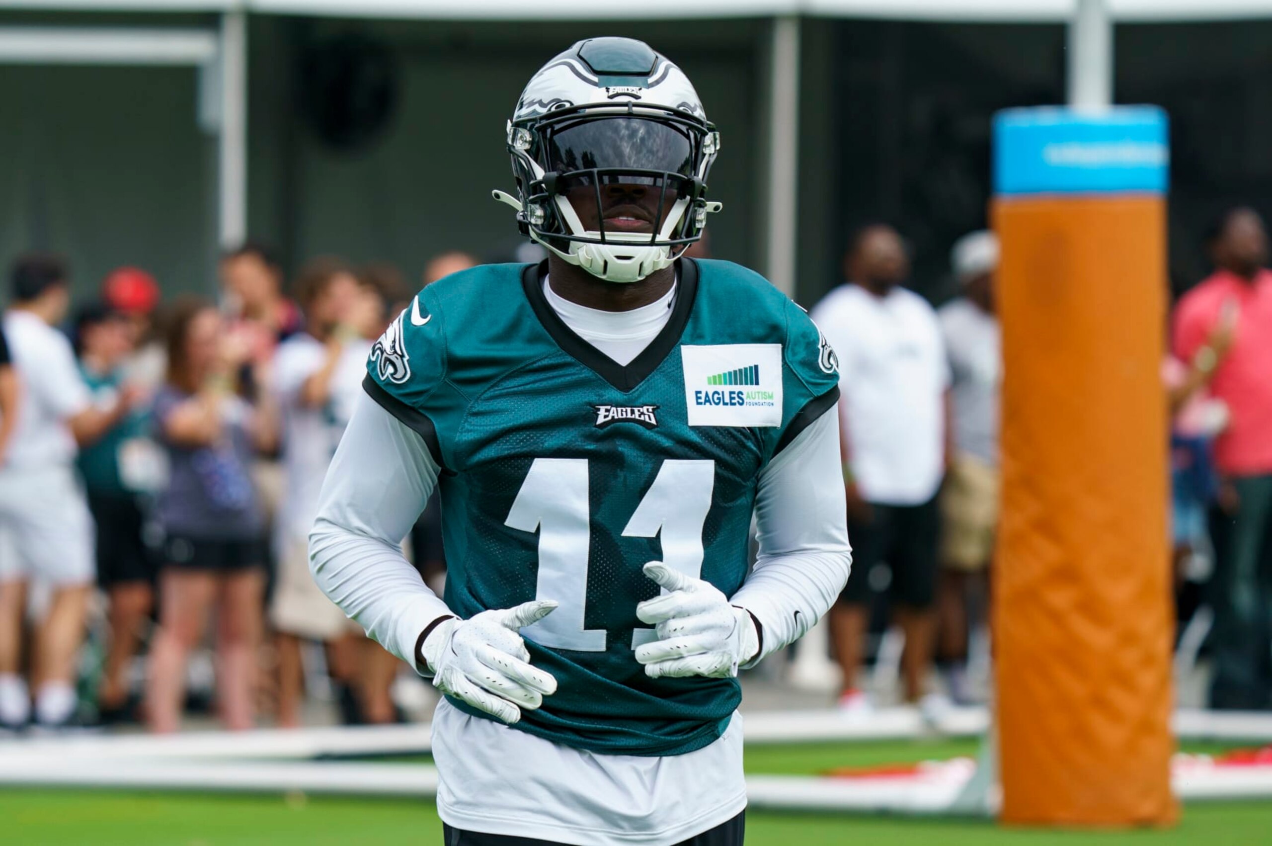 Philadelphia Eagles' A.J. Brown in action during practice at NFL football team's training camp, Wednesday, July 27, 2022, in Philadelphia. (AP Photo/Chris Szagola)