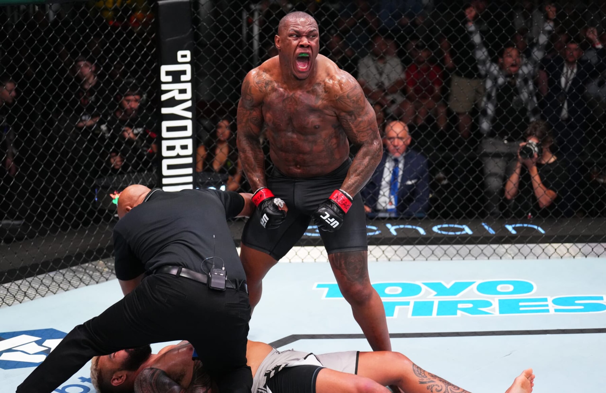LAS VEGAS, NEVADA - AUGUST 06: Mohammed Usman of Nigeria reacts after his knockout victory over Zac Pauga in a heavyweight fight during the UFC Fight Night event at UFC APEX on August 06, 2022 in Las Vegas, Nevada. (Photo by Chris Unger/Zuffa LLC)