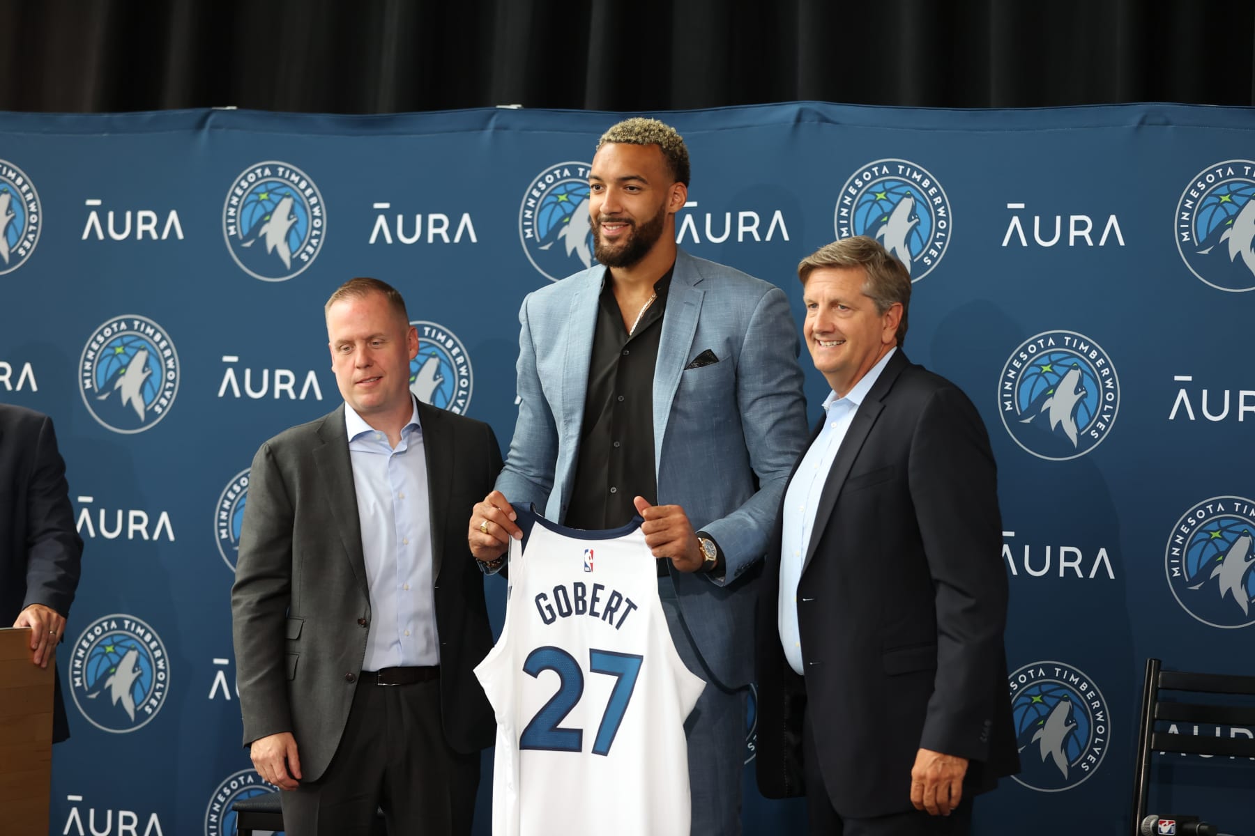 MINNEAPOLIS, MN - JULY 6: Rudy Gobert of the Minnesota Timberwolves poses for a photo with President of Basketball Operations Tim Connelly and Head Coach of the Minnesota Timberwolves Chris Finch after the introductory press conference on July 6, 2022 at Target Center in Minneapolis, Minnesota.  NOTE TO USER: User expressly acknowledges and agrees that, by downloading and or using this Photograph, user is consenting to the terms and conditions of the Getty Images License Agreement. Mandatory Copyright Notice: Copyright 2022 NBAE (Photo by David Sherman/NBAE via Getty Images)