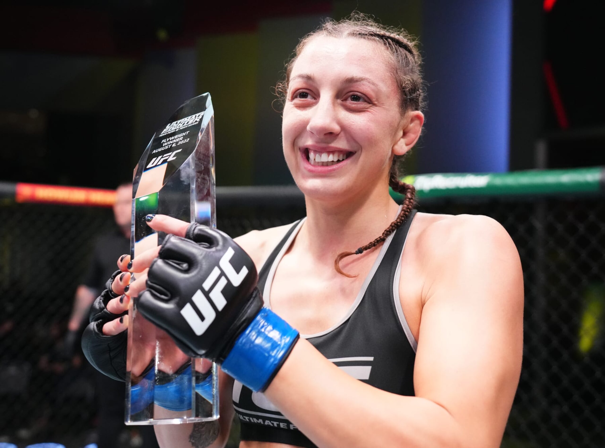 LAS VEGAS, NEVADA - AUGUST 06: Juliana Miller reacts after her victory over Brogan Walker in a flyweight fight during the UFC Fight Night event at UFC APEX on August 06, 2022 in Las Vegas, Nevada. (Photo by Chris Unger/Zuffa LLC)