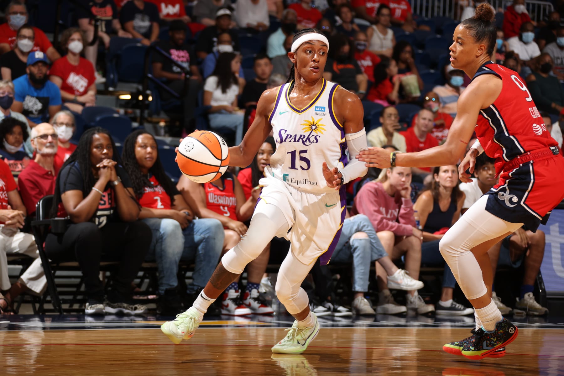 WASHINGTON, DC - AUGUST 7: Brittney Sykes #15 of the Los Angeles Sparks dribbles the ball during the game against the Washington Mystics on August 7, 2022 at Entertainment & Sports Arena in Washington, DC. NOTE TO USER: User expressly acknowledges and agrees that, by downloading and or using this Photograph, user is consenting to the terms and conditions of the Getty Images License Agreement. Mandatory Copyright Notice: Copyright 2022 NBAE (Photo by Stephen Gosling/NBAE via Getty Images)