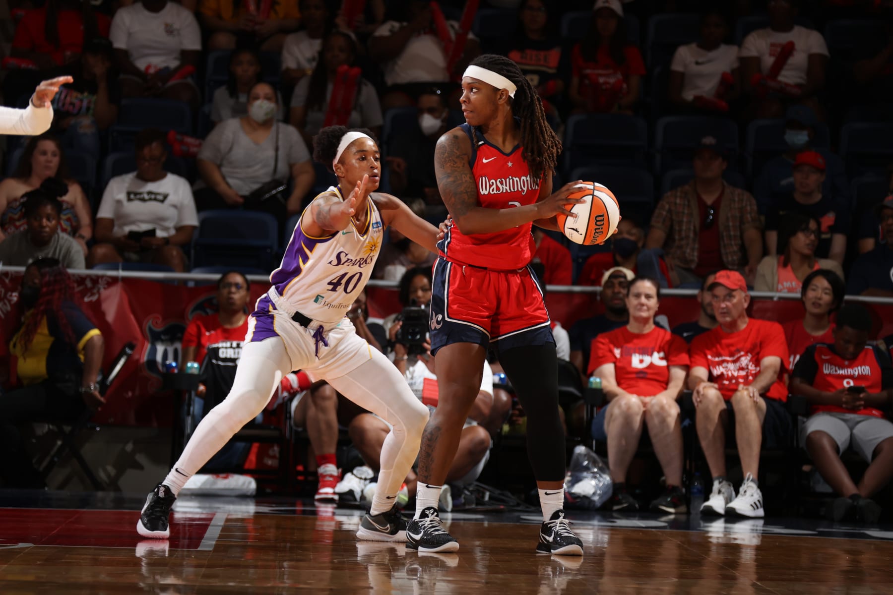 WASHINGTON, DC - AUGUST 7: Myisha Hines-Allen #2 of the Washington Mystics handles the ball during the game during the game against the Los Angeles Sparks on August 7, 2022 at Entertainment & Sports Arena in Washington, DC. NOTE TO USER: User expressly acknowledges and agrees that, by downloading and or using this Photograph, user is consenting to the terms and conditions of the Getty Images License Agreement. Mandatory Copyright Notice: Copyright 2022 NBAE (Photo by Stephen Gosling/NBAE via Getty Images)