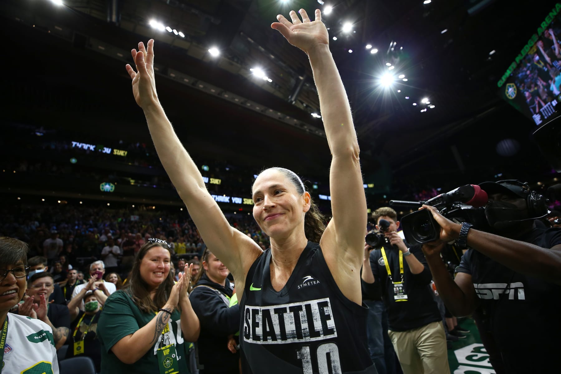 SEATTLE, WA - AUGUST 7: Sue Bird #10 of the Seattle Storm smiles after her last game on August 7, 2022 at the Climate Pledge Arena in Seattle, Washington. NOTE TO USER: User expressly acknowledges and agrees that, by downloading and or using this photograph, User is consenting to the terms and conditions of the Getty Images License Agreement. Mandatory Copyright Notice: Copyright 2022 NBAE (Photo by Lindsey Wasson/NBAE via Getty Images)
