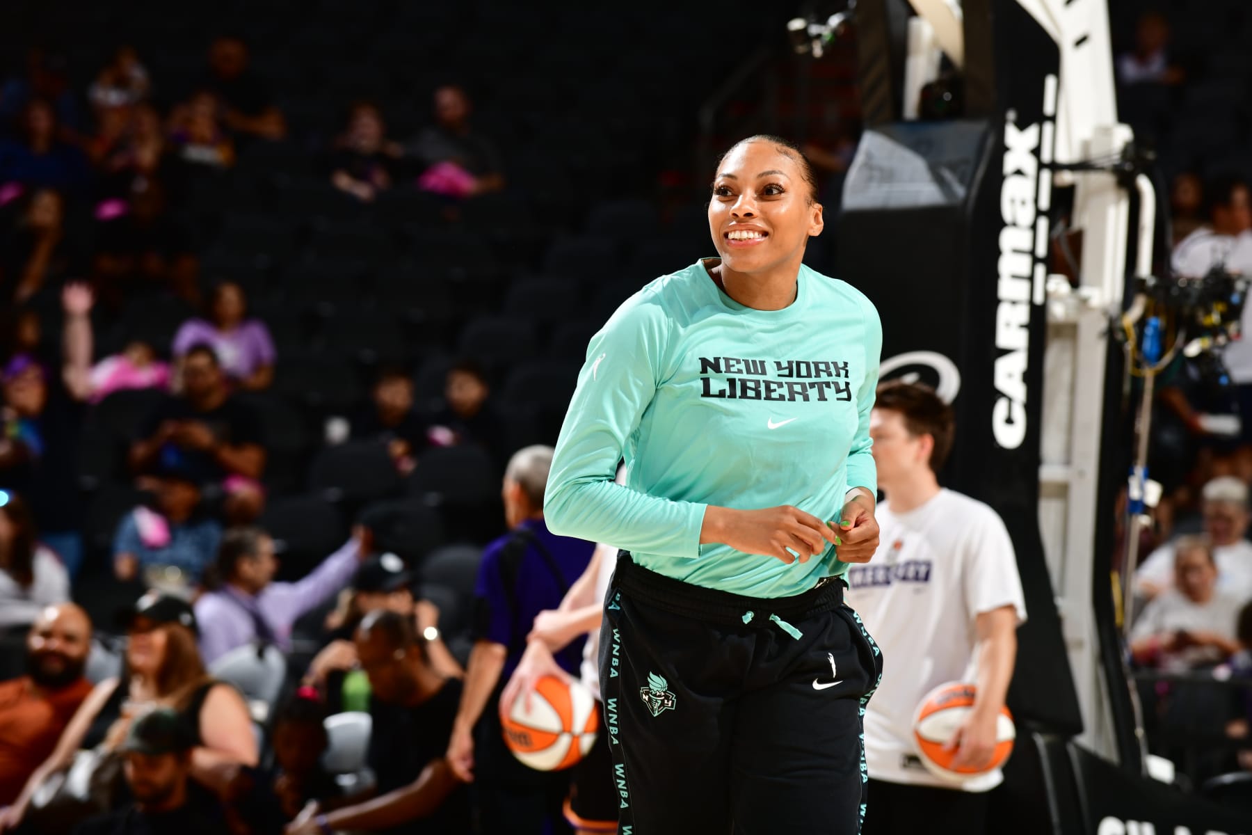 PHOENIX, AZ - AUGUST 6: Betnijah Laney #44 of the New York Liberty smiles before the game against the Phoenix Mercury on August 6, 2022 at Footprint Center in Phoenix, Arizona. NOTE TO USER: User expressly acknowledges and agrees that, by downloading and or using this photograph, user is consenting to the terms and conditions of the Getty Images License Agreement. Mandatory Copyright Notice: Copyright 2022 NBAE (Photo by Barry Gossage/NBAE via Getty Images)