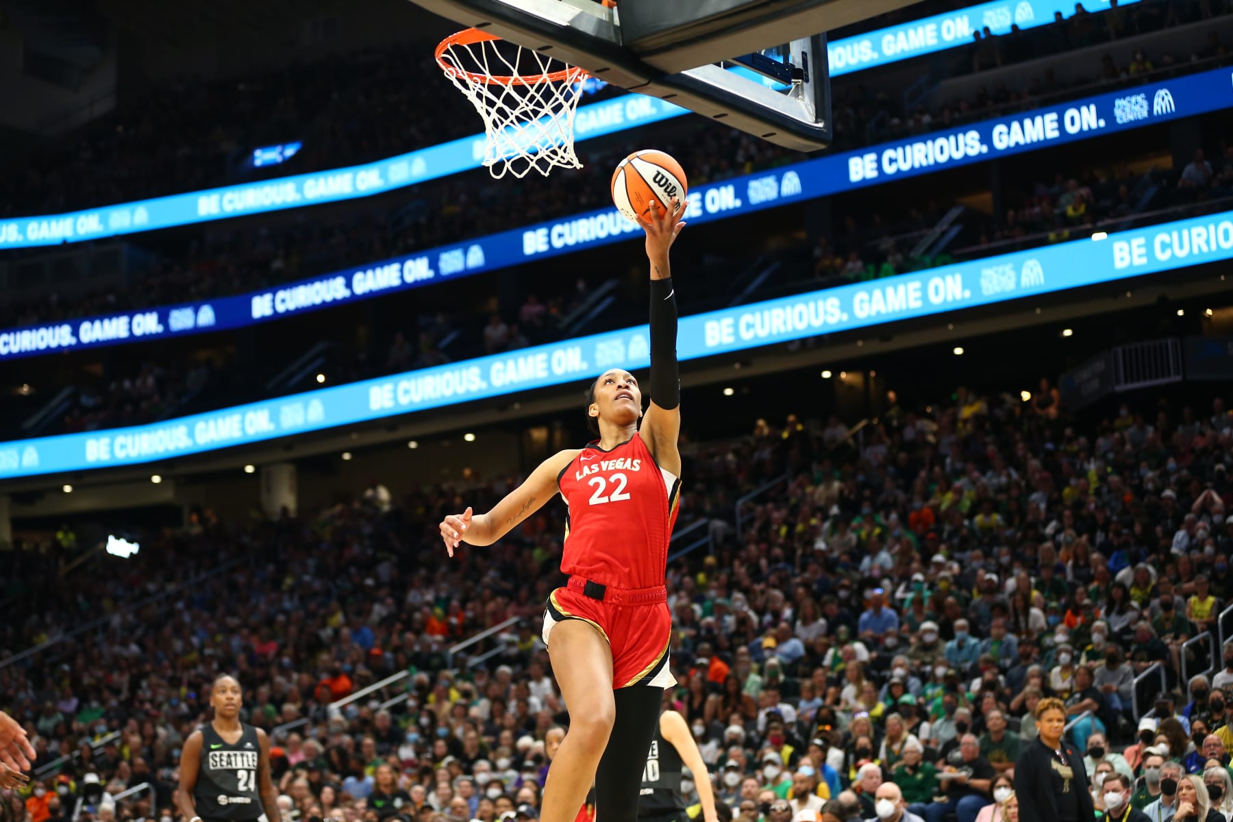 SEATTLE, WA - AUGUST 7: A'ja Wilson #22 of the Las Vegas Aces shoots the ball during the game against the Seattle Storm on August 7, 2022 at the Climate Pledge Arena in Seattle, Washington. NOTE TO USER: User expressly acknowledges and agrees that, by downloading and or using this photograph, User is consenting to the terms and conditions of the Getty Images License Agreement. Mandatory Copyright Notice: Copyright 2022 NBAE (Photo by Lindsey Wasson/NBAE via Getty Images)