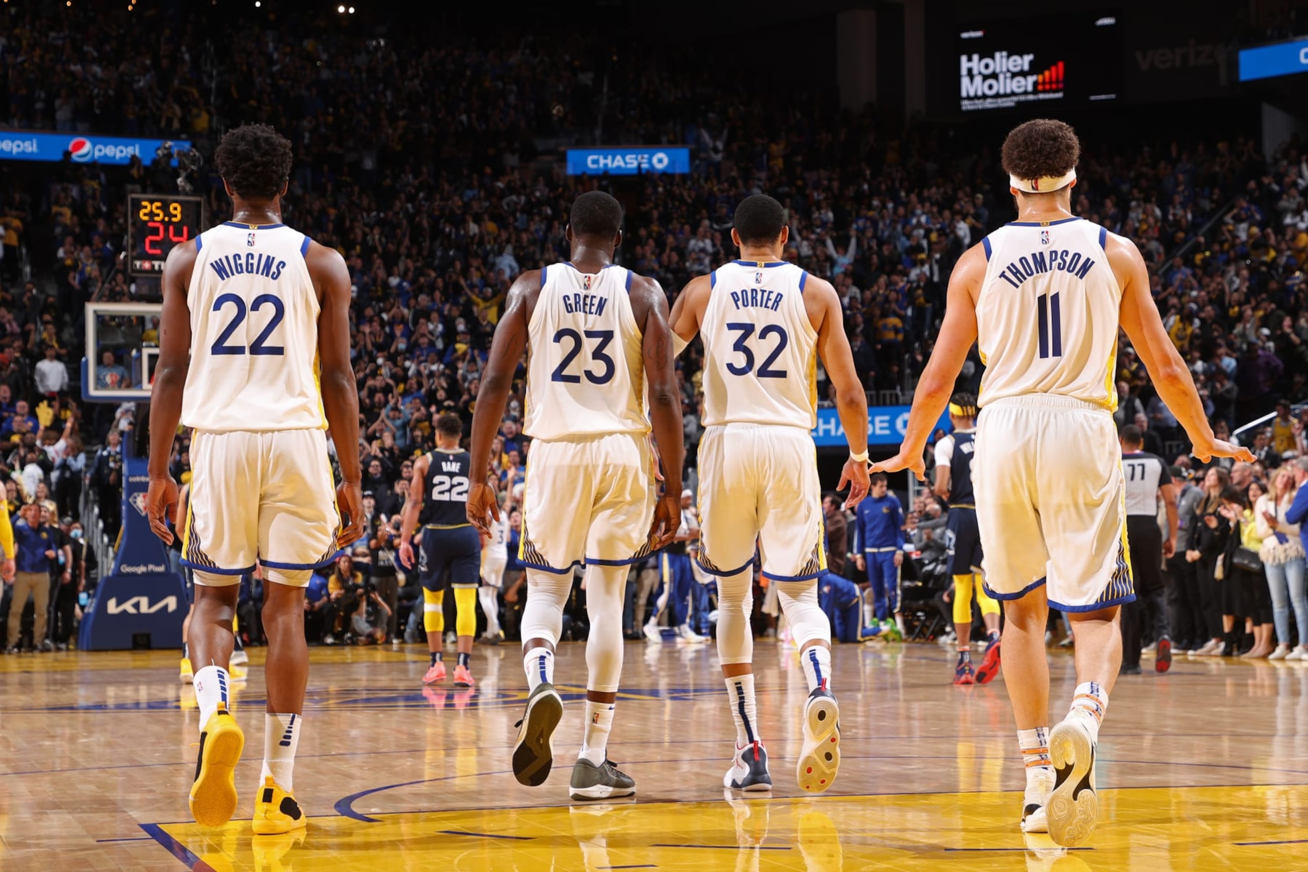 SAN FRANCISCO, CA - MAY 9: Andrew Wiggins #22, Draymond Green #23, Otto Porter Jr. #32 and Klay Thompson #11 of the Golden State Warriors looks on during the game against the Memphis Grizzlies during Game 4 of the 2022 NBA Playoffs Western Conference Semifinals on May 9, 2022 at Chase Center in San Francisco, California. NOTE TO USER: User expressly acknowledges and agrees that, by downloading and or using this photograph, user is consenting to the terms and conditions of Getty Images License Agreement. Mandatory Copyright Notice: Copyright 2022 NBAE (Photo by Joe Murphy/NBAE via Getty Images) SAN FRANCISCO, CA - MAY 9: Andrew Wiggins #22, Draymond Green #23, Otto Porter Jr. #32 and Klay Thompson #11 of the Golden State Warriors looks on during the game against the Memphis Grizzlies during Game 4 of the 2022 NBA Playoffs Western Conference Semifinals on May 9, 2022 at Chase Center in San Francisco, California. NOTE TO USER: User expressly acknowledges and agrees that, by downloading and or using this photograph, user is consenting to the terms and conditions of Getty Images License Agreement. Mandatory Copyright Notice: Copyright 2022 NBAE (Photo by Joe Murphy/NBAE via Getty Images)