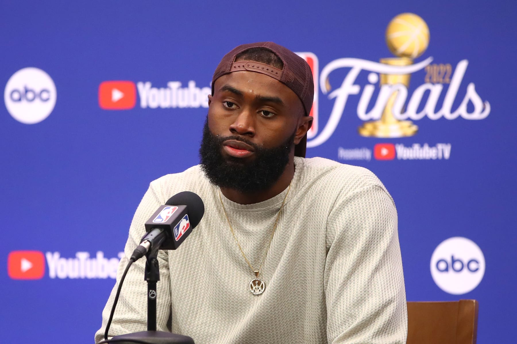 BOSTON, MASSACHUSETTS - JUNE 16: Jaylen Brown #7 of the Boston Celtics speaks to the media after losing to the Golden State Warriors 103-90 in Game Six of the 2022 NBA Finals at TD Garden on June 16, 2022 in Boston, Massachusetts. NOTE TO USER: User expressly acknowledges and agrees that, by downloading and/or using this photograph, User is consenting to the terms and conditions of the Getty Images License Agreement. (Photo by Adam Glanzman/Getty Images)