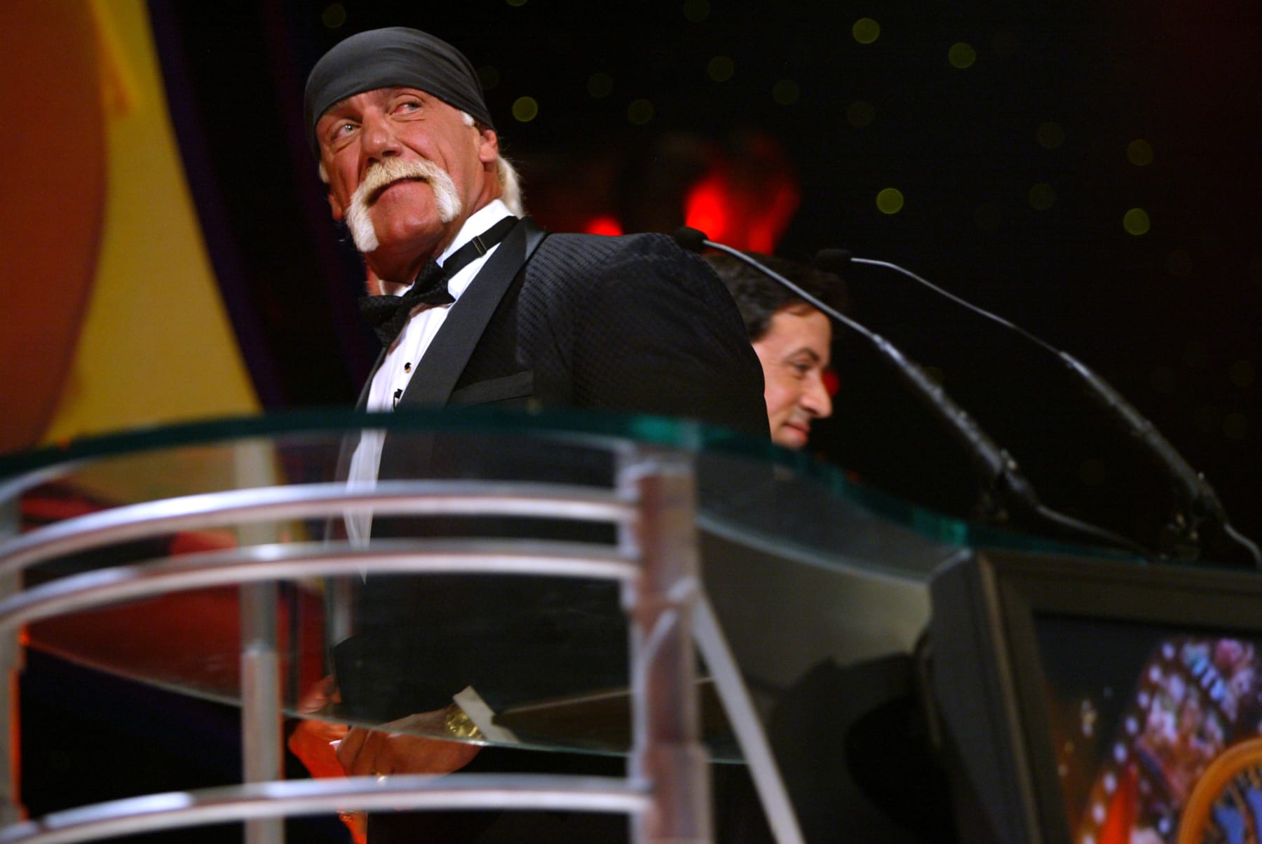 Actor Sylvester Stallone (R) inducts Hulk Hogan into the WWE Hall of Fame during ceremonies at Universal Amphitheatre. (Photo by Chris Farina/Corbis via Getty Images)