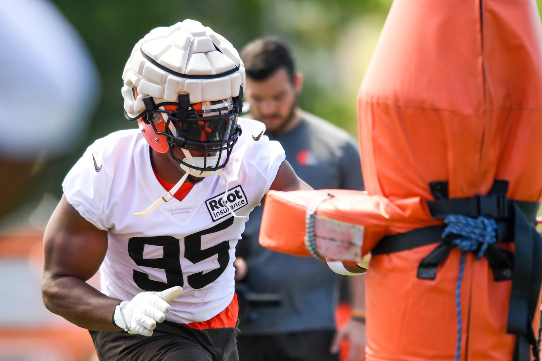 BEREA, OH - JULY 30: Myles Garrett #95 of the Cleveland Browns runs a drill during Cleveland Browns training camp at CrossCountry Mortgage Campus on July 30, 2022 in Berea, Ohio. (Photo by Nick Cammett/Getty Images)