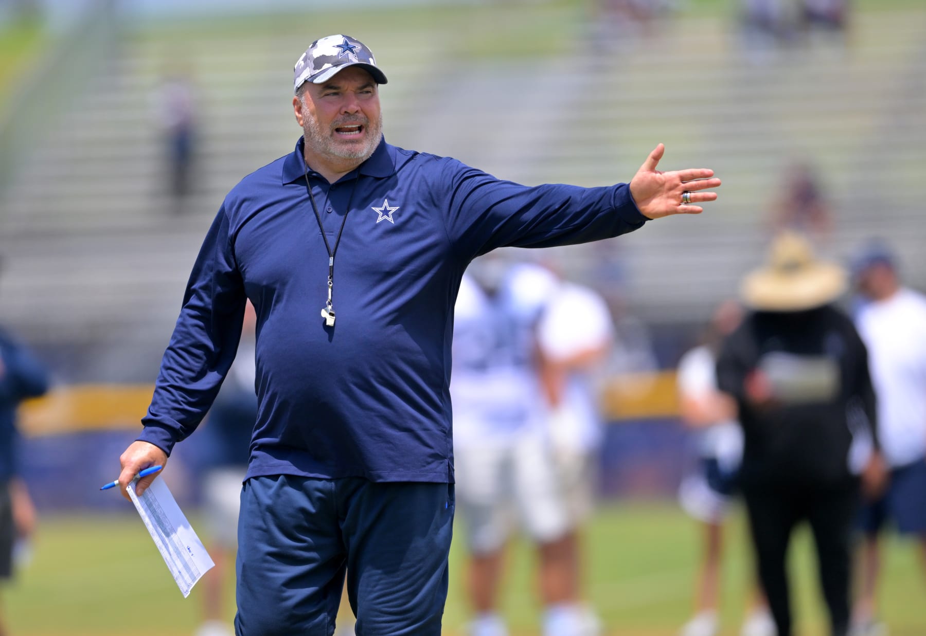 OXNARD, CA - AUGUST 01: Head coach Mike McCarthy of the Dallas Cowboys watches during training camp drills at River Ridge Fields on August 1, 2022 in Oxnard, California. (Photo by Jayne Kamin-Oncea/Getty Images)