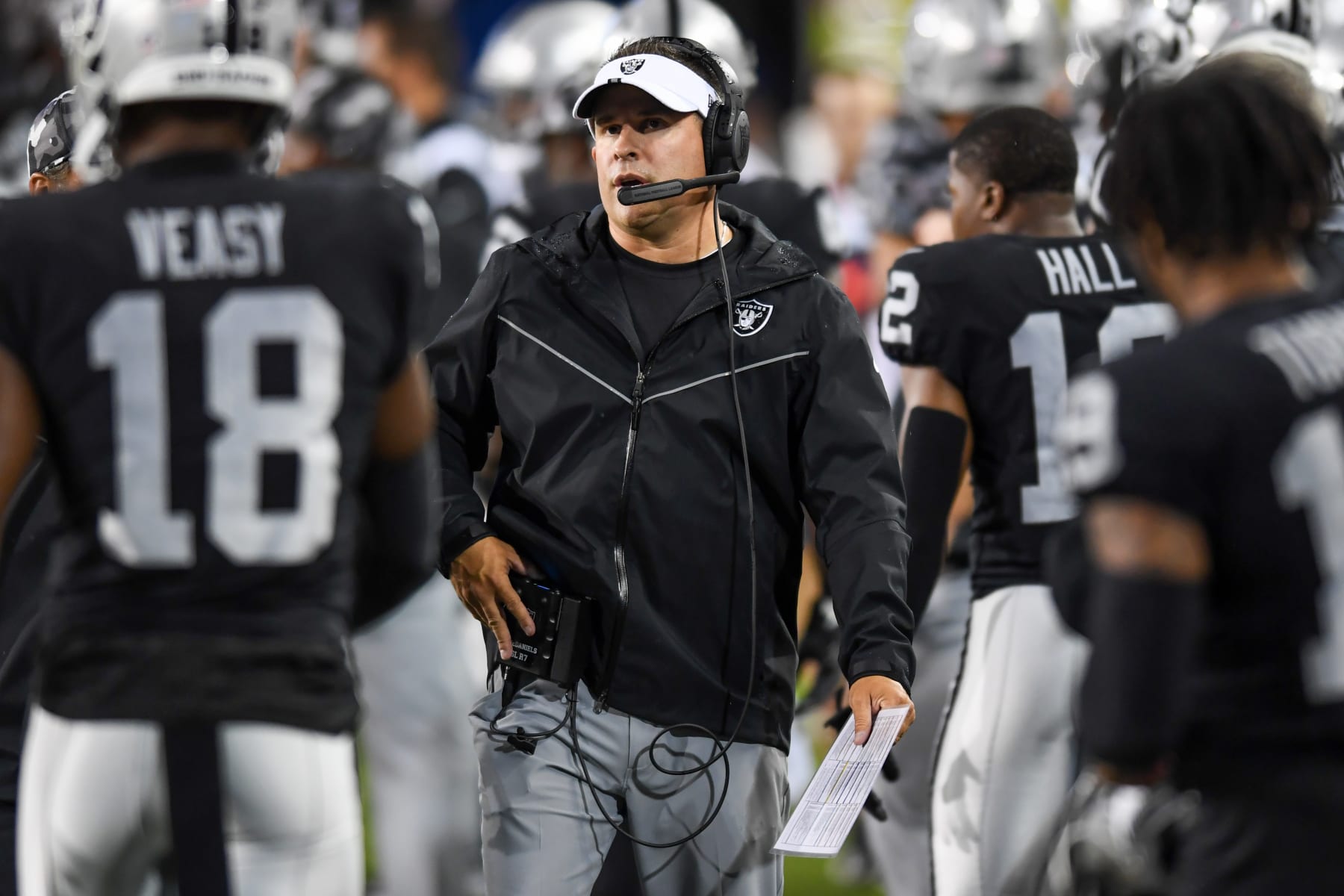 CANTON, OHIO - AUGUST 04: Head coach Josh McDaniels of the Las Vegas Raiders looks on during the first half of the 2022 Pro Hall of Fame Game against the Jacksonville Jaguars at Tom Benson Hall of Fame Stadium on August 04, 2022 in Canton, Ohio. (Photo by Nick Cammett/Getty Images)