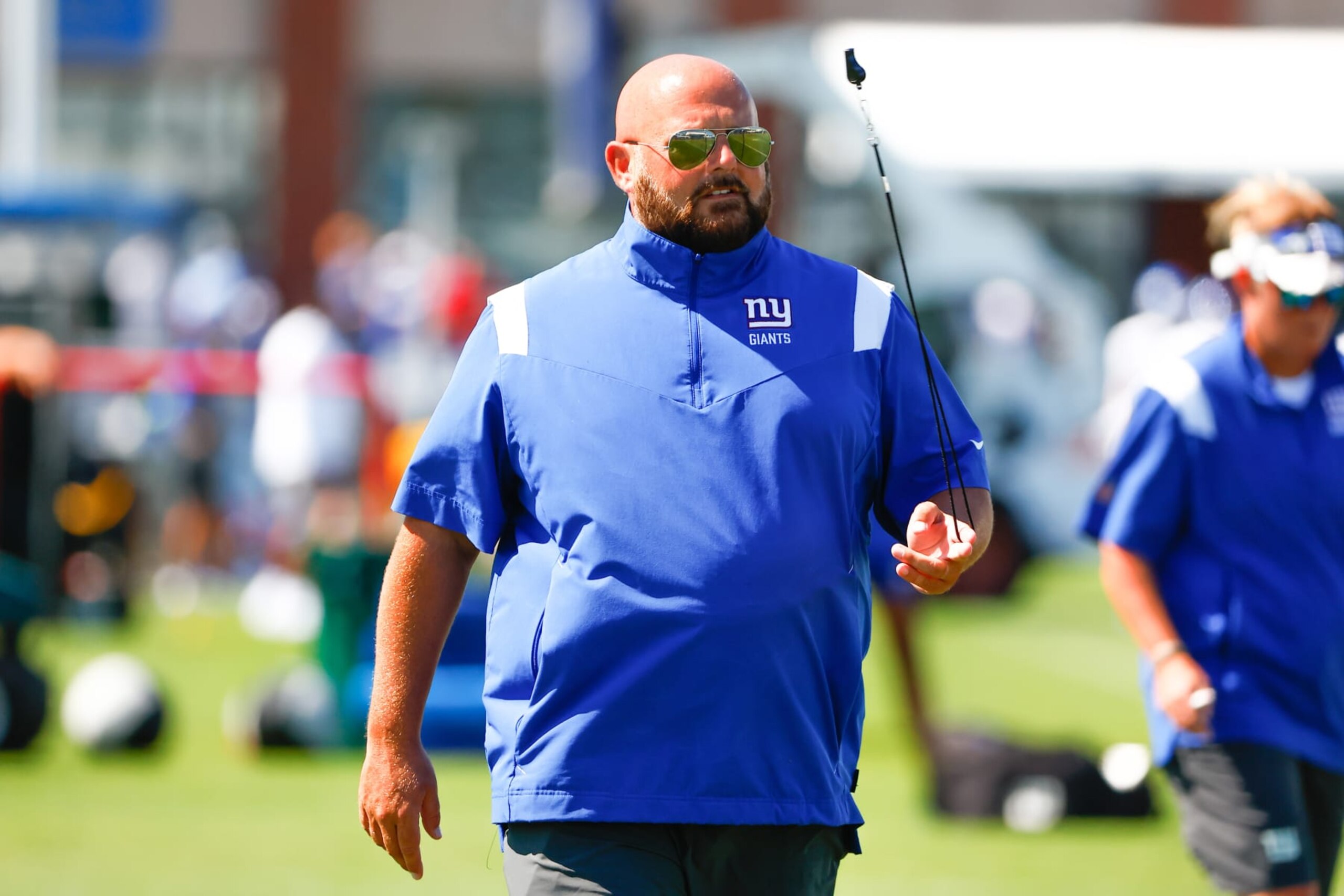 EAST RUTHERFORD, NJ - JULY 30:  Brian Daboll New York Giants head coach during training camp on July 30, 2022 at Quest Diagnostics Training Center in East Rutherford, New Jersey.  (Photo by Rich Graessle/Icon Sportswire via Getty Images)