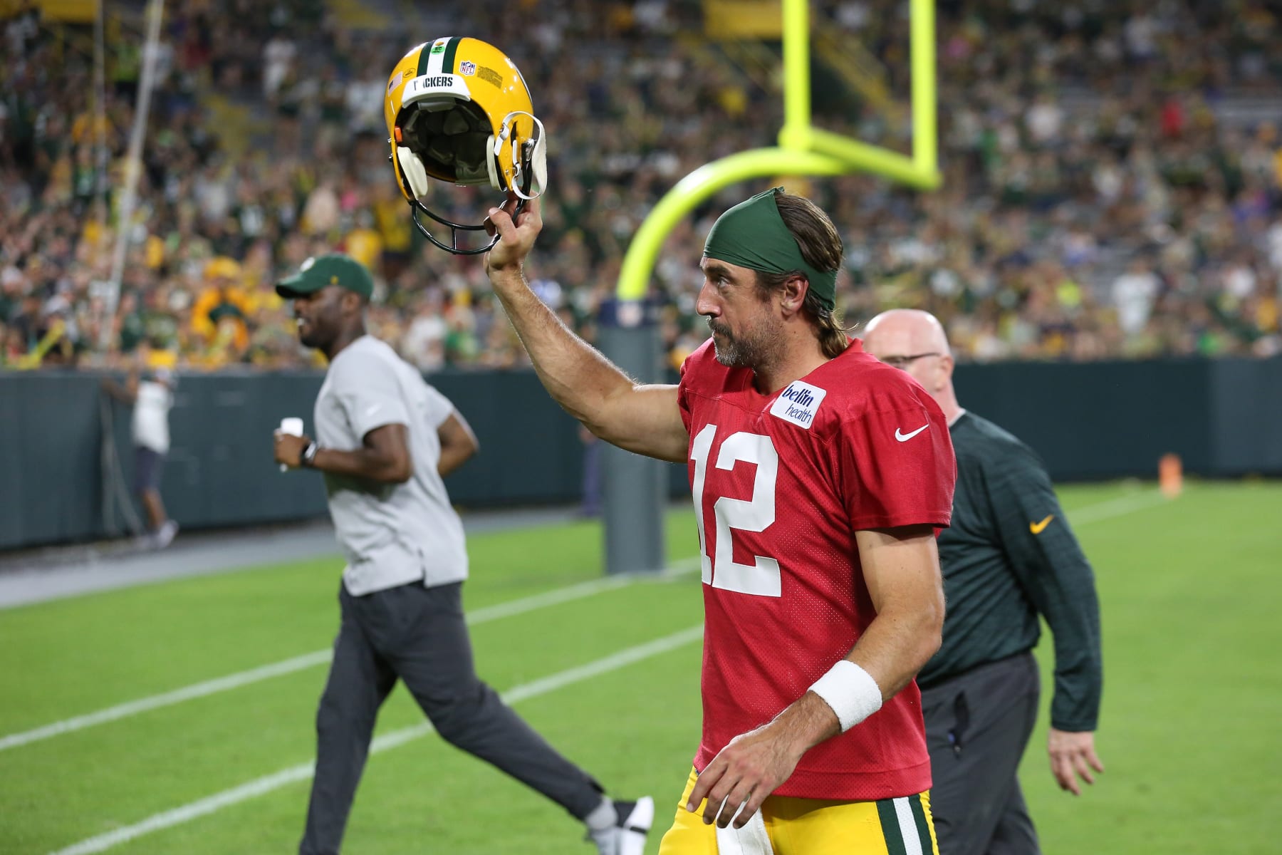 ASHWAUBENON, WI - AUGUST 05: Green Bay Packers quarterback Aaron Rodgers (12) waves to the crowd during Green Bay Packers Family Night at Lambeau Field, on August 5, 2022 in Green Bay, WI. (Photo by Larry Radloff/Icon Sportswire via Getty Images)