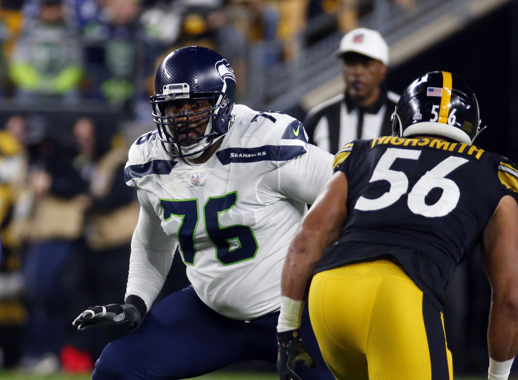 PITTSBURGH, PA - OCTOBER 17:  Duane Brown #76 of the Seattle Seahawks in action against the Pittsburgh Steelers on October 17, 2021 at Heinz Field in Pittsburgh, Pennsylvania.  (Photo by Justin K. Aller/Getty Images)