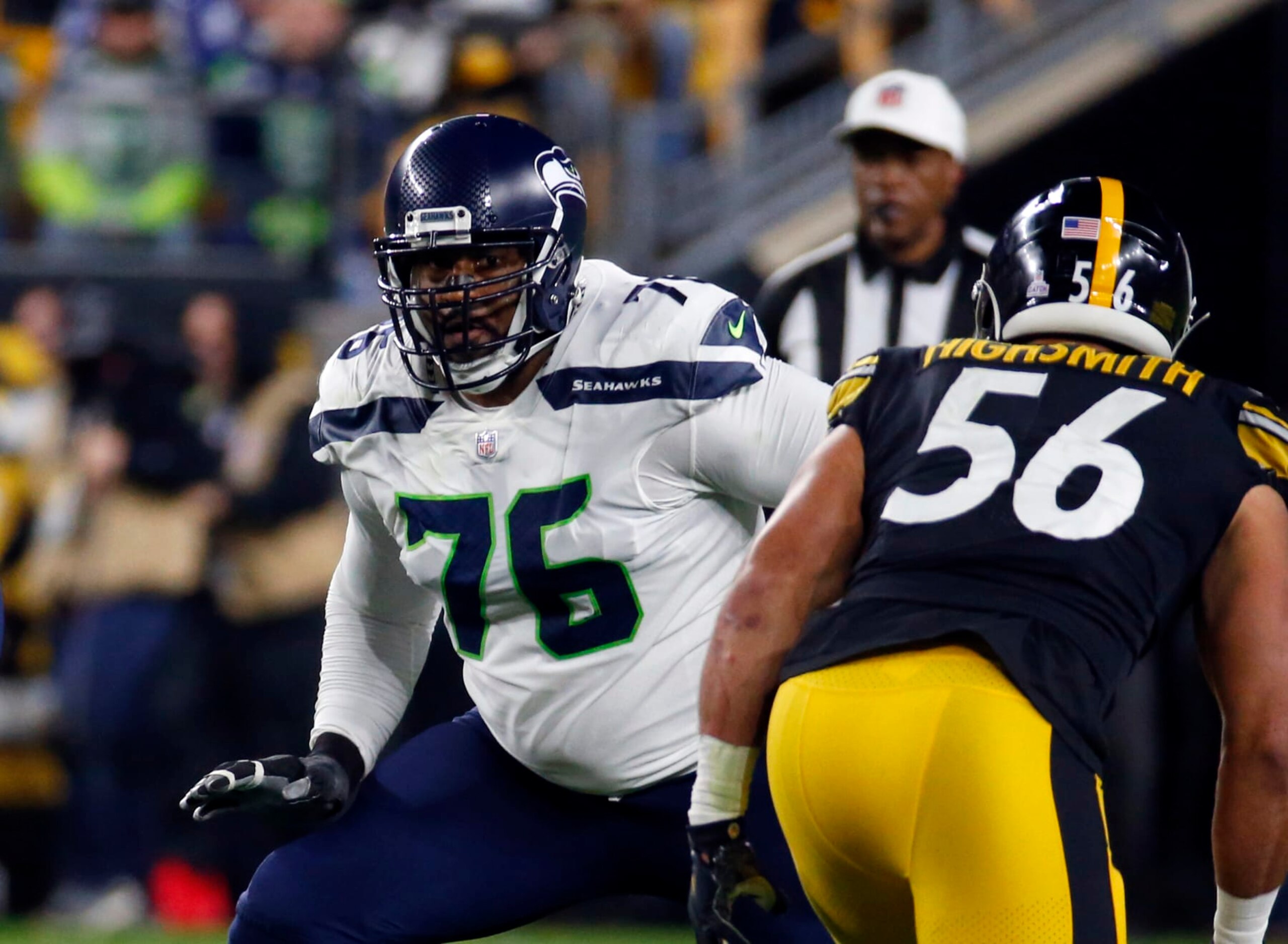 PITTSBURGH, PA - OCTOBER 17:  Duane Brown #76 of the Seattle Seahawks in action against the Pittsburgh Steelers on October 17, 2021 at Heinz Field in Pittsburgh, Pennsylvania.  (Photo by Justin K. Aller/Getty Images)