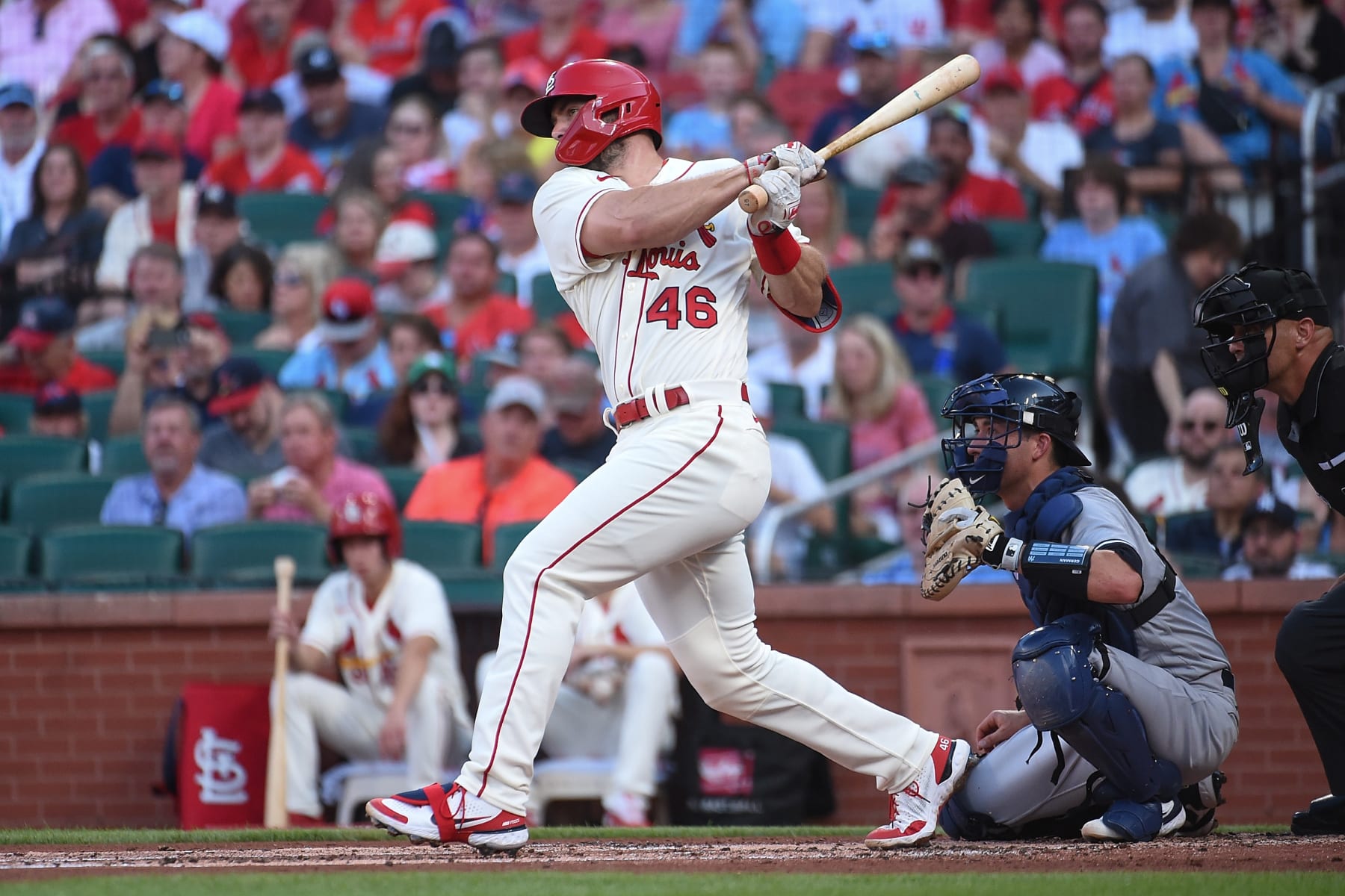 ST. LOUIS, MO - AUGUST 06: Paul Goldschmidt #46 of the St. Louis Cardinals hits a double against the New York Yankees in the first inning at Busch Stadium on August 6, 2022 in St. Louis, Missouri. (Photo by Joe Puetz/Getty Images)