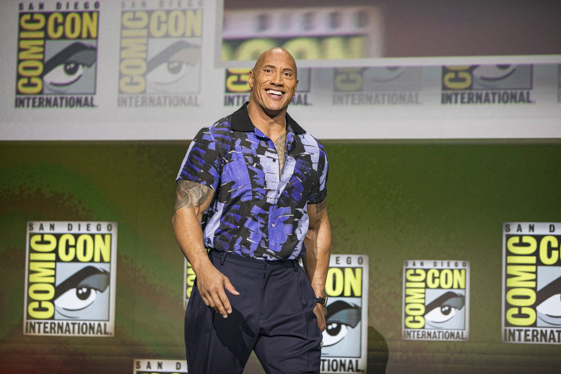 SAN DIEGO, CALIFORNIA - JULY 23: Actor Dwayne "The Rock" Johnson appears at the Warner Brothers panel promoting his upcoming film "Black Adam" at 2022 Comic-Con International Day 3 at San Diego Convention Center on July 23, 2022 in San Diego, California. (Photo by Daniel Knighton/Getty Images)