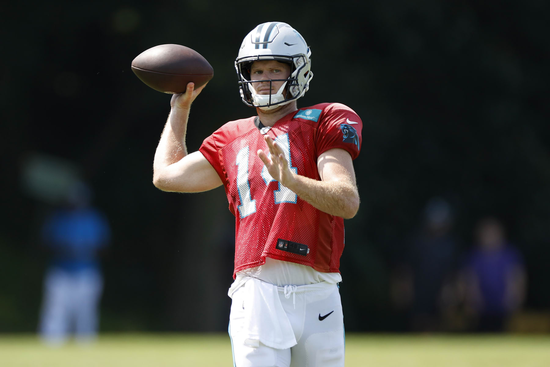 SPARTANBURG, SOUTH CAROLINA - AUGUST 02: Quarterback Sam Darnold #14 of the Carolina Panthers attends training camp at Wofford College on August 02, 2022 in Spartanburg, South Carolina. (Photo by Jared C. Tilton/Getty Images)