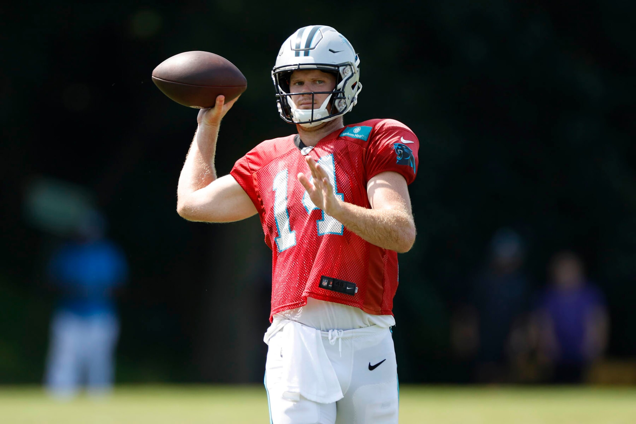 SPARTANBURG, SOUTH CAROLINA - AUGUST 02: Quarterback Sam Darnold #14 of the Carolina Panthers attends training camp at Wofford College on August 02, 2022 in Spartanburg, South Carolina. (Photo by Jared C. Tilton/Getty Images)