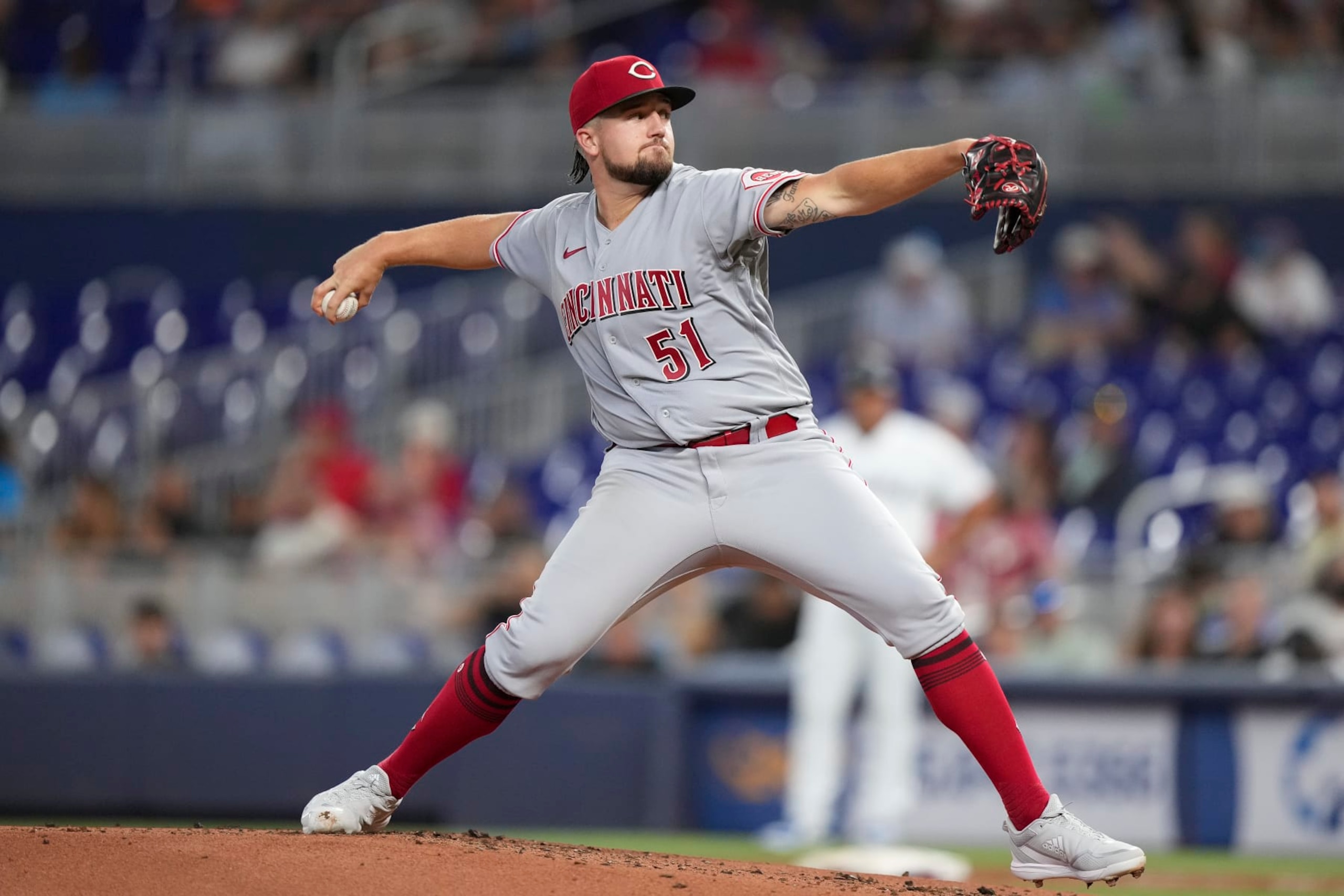 MIAMI, FLORIDA - AUGUST 02: Graham Ashcraft #51 of the Cincinnati Reds throws a pitch during the third inning against the Miami Marlins at loanDepot park on August 02, 2022 in Miami, Florida. (Photo by Eric Espada/Getty Images)