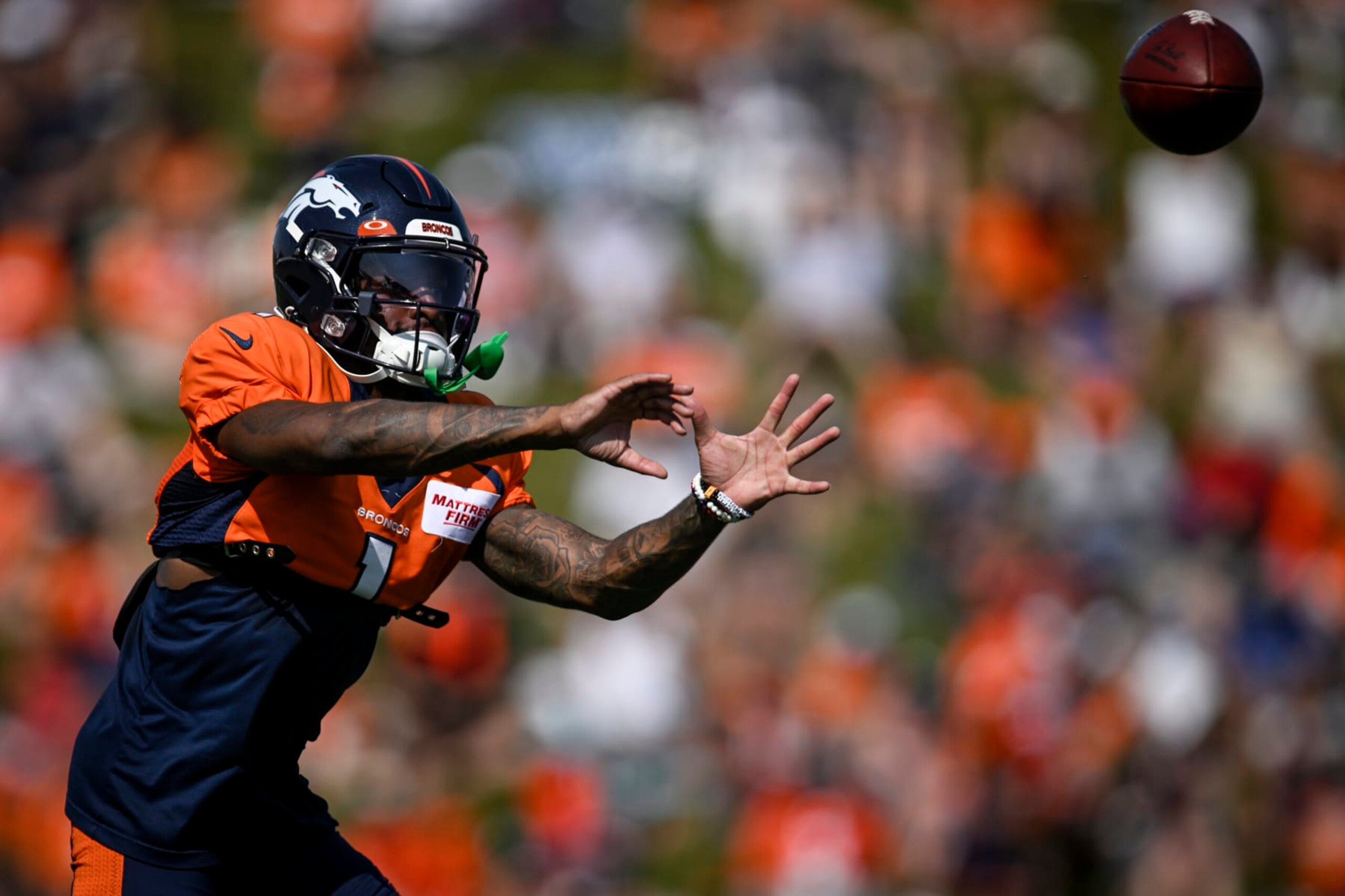 ENGLEWOOD , CO - AUGUST 1: KJ Hamler (1) of the Denver Broncos returns to practice after a nearly yearlong ACL injury during training camp at UCHealth Training Center on Monday, August 1, 2022. (Photo by AAron Ontiveroz/MediaNews Group/The Denver Post via Getty Images)