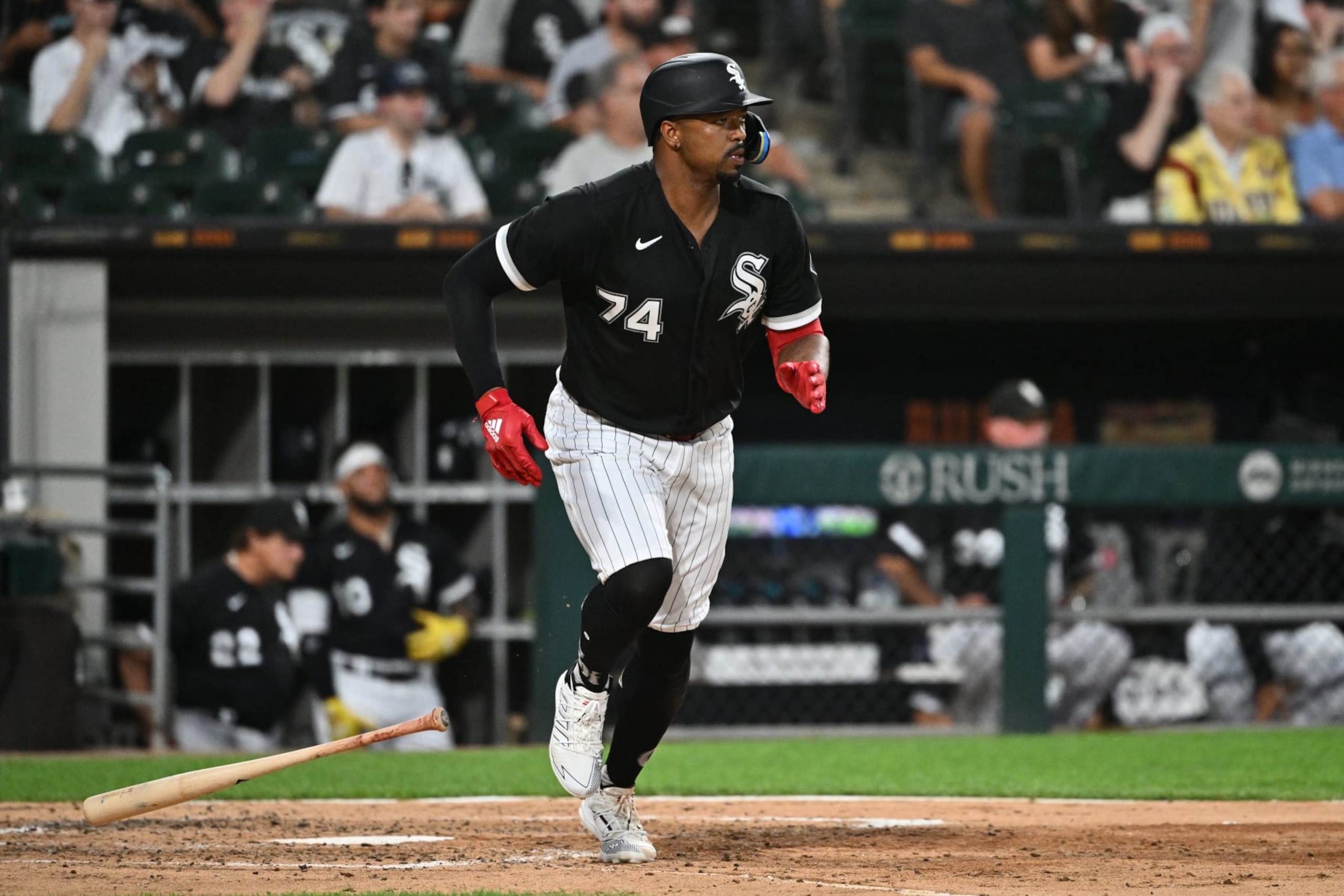 CHICAGO, IL - AUGUST 02:  Eloy Jiménez #74 of the Chicago White Sox bats against the Kansas City Royals at Guaranteed Rate Field on August 2, 2022 in Chicago, Illinois.  (Photo by Jamie Sabau/Getty Images)
