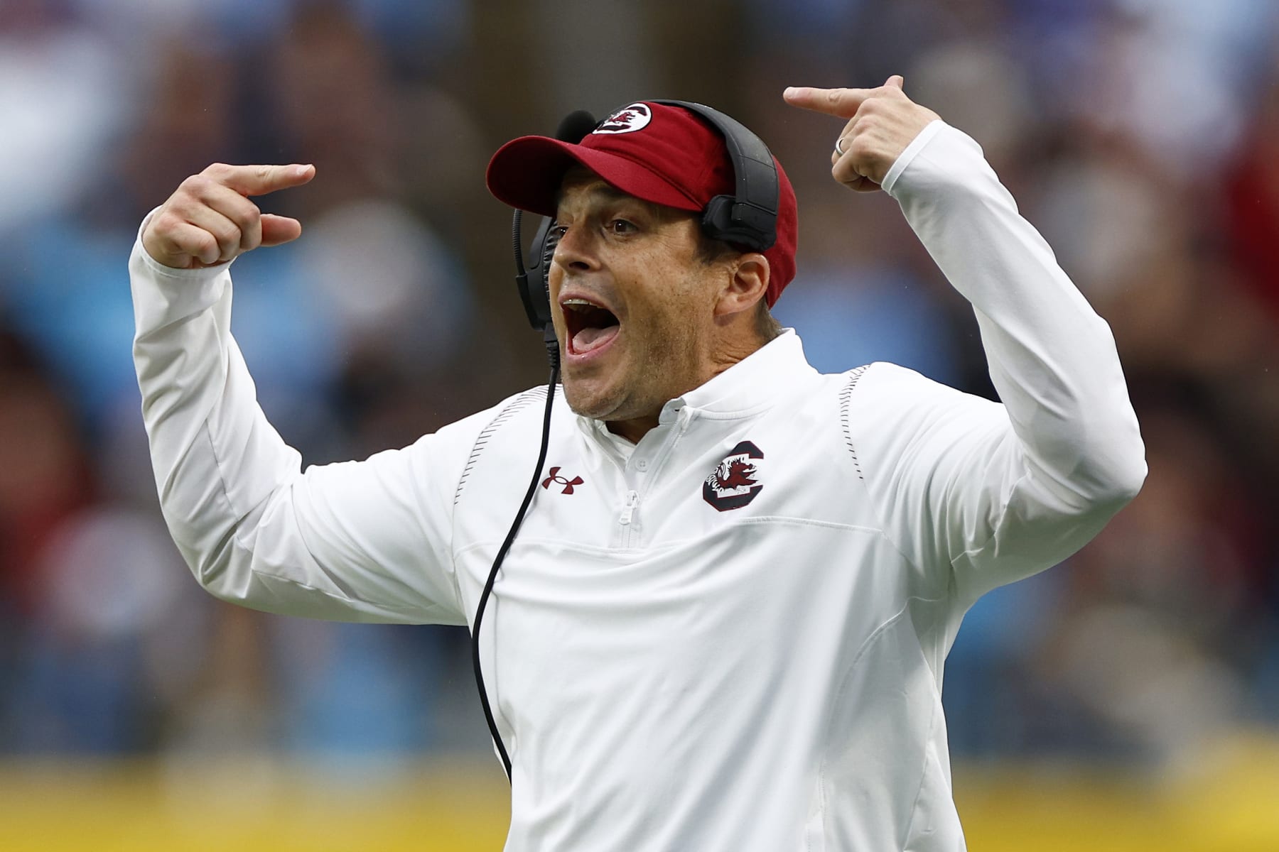 CHARLOTTE, NORTH CAROLINA - DECEMBER 30: Head coach Shane Beamer of the South Carolina Gamecocks reacts during the second half of the Duke's Mayo Bowl against the North Carolina Tar Heels at Bank of America Stadium on December 30, 2021 in Charlotte, North Carolina. (Photo by Jared C. Tilton/Getty Images)