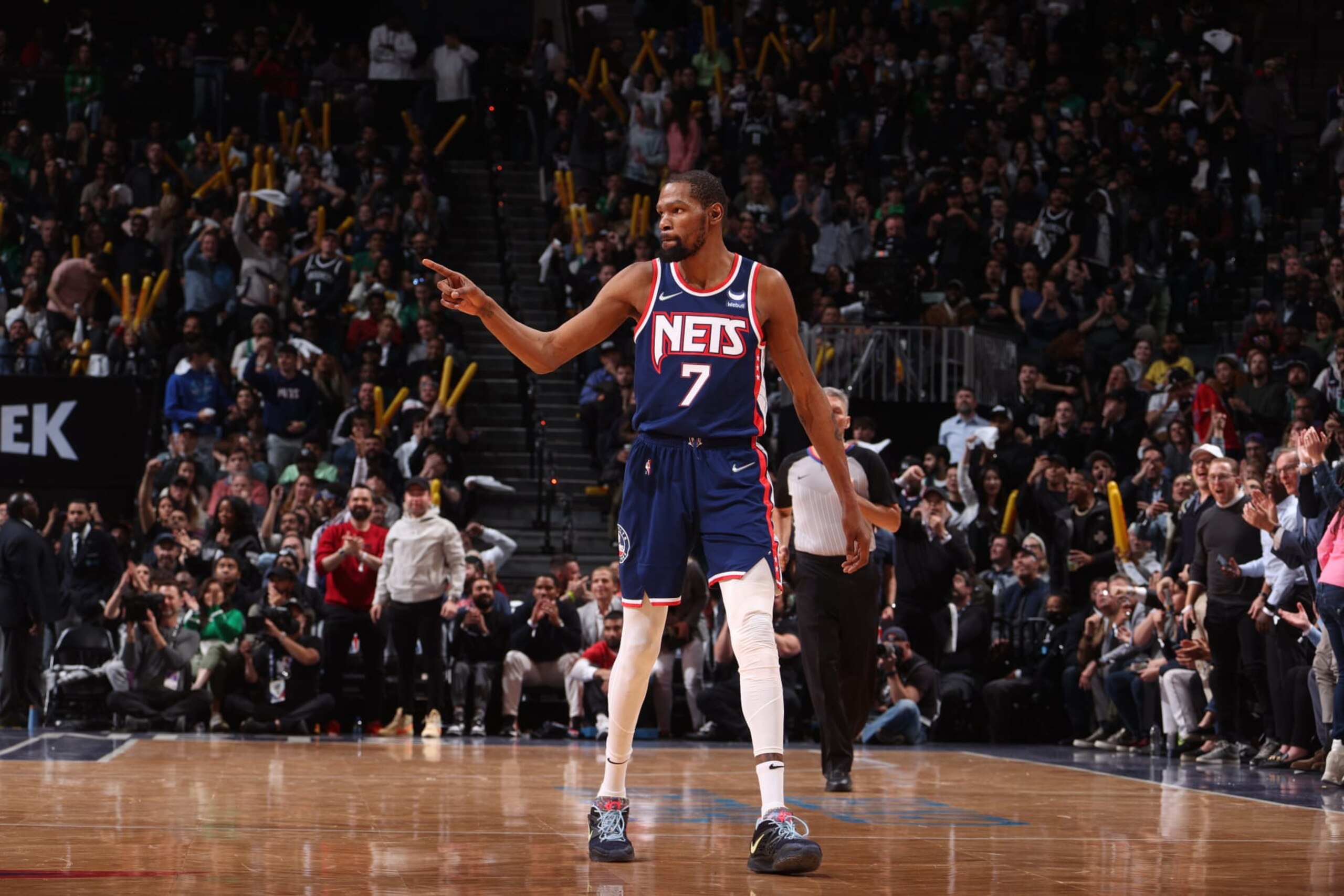 BROOKLYN, NY - APRIL 25: Kevin Durant #7 of the Brooklyn Nets celebrates during Round 1 Game 4 of the 2022 NBA Playoffs on April 25, 2022 at Barclays Center in Brooklyn, New York. NOTE TO USER: User expressly acknowledges and agrees that, by downloading and or using this Photograph, user is consenting to the terms and conditions of the Getty Images License Agreement. Mandatory Copyright Notice: Copyright 2022 NBAE (Photo by Nathaniel S. Butler/NBAE via Getty Images)