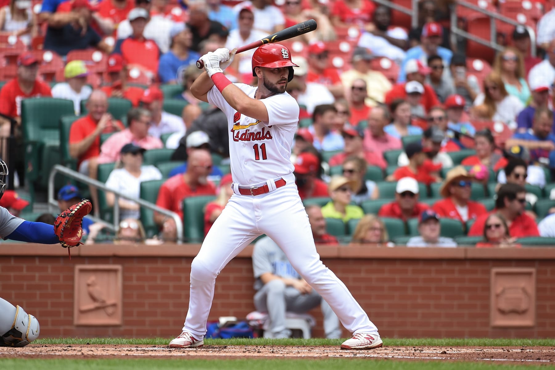 ST LOUIS, MO - AUGUST 04: Paul DeJong #11 of the St. Louis Cardinals at bat against the Chicago Cubs in game one of a double header at Busch Stadium on August 4, 2022 in St Louis, Missouri. (Photo by Joe Puetz/Getty Images)