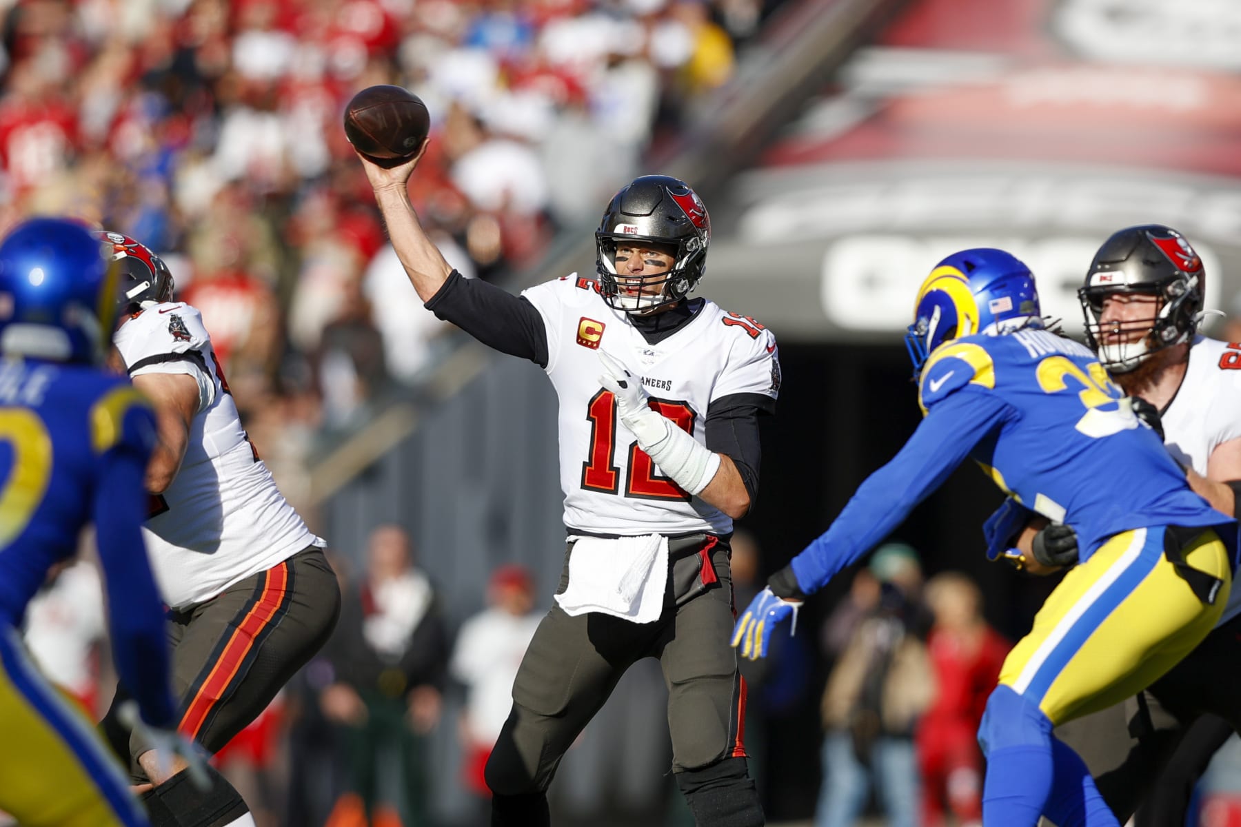 TAMPA, FL - JANUARY 23: Tampa Bay Buccaneers quarterback Tom Brady (12) during the NFC Divisional playoff game between the Los Angeles Rams and the Tampa Bay Buccaneers on January 23, 2022, at Raymond James Stadium in Tampa , FL. (Photo by Jordon Kelly/Icon Sportswire via Getty Images)