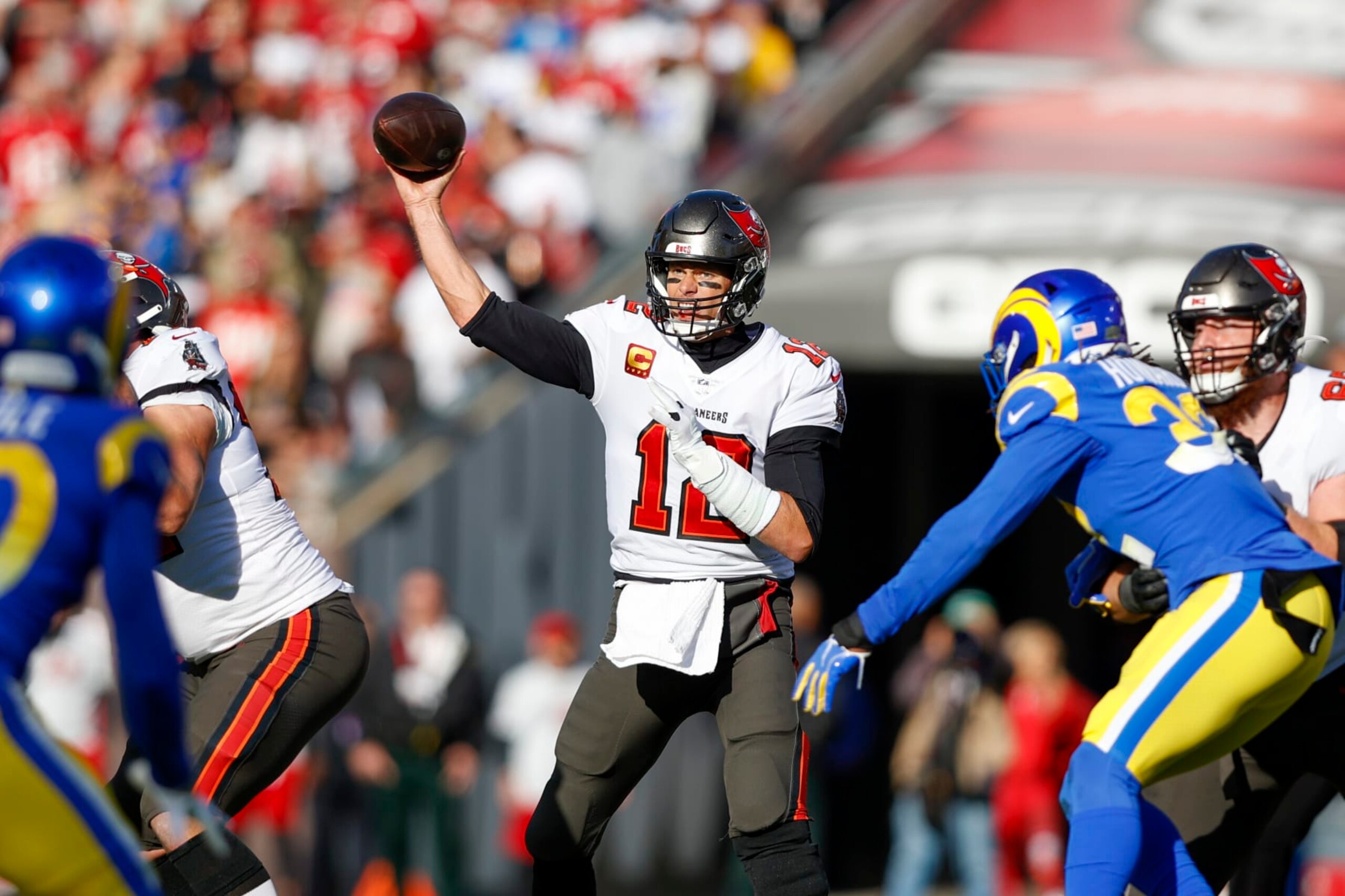 TAMPA, FL - JANUARY 23: Tampa Bay Buccaneers quarterback Tom Brady (12) during the NFC Divisional playoff game between the Los Angeles Rams and the Tampa Bay Buccaneers on January 23, 2022, at Raymond James Stadium in Tampa , FL. (Photo by Jordon Kelly/Icon Sportswire via Getty Images)
