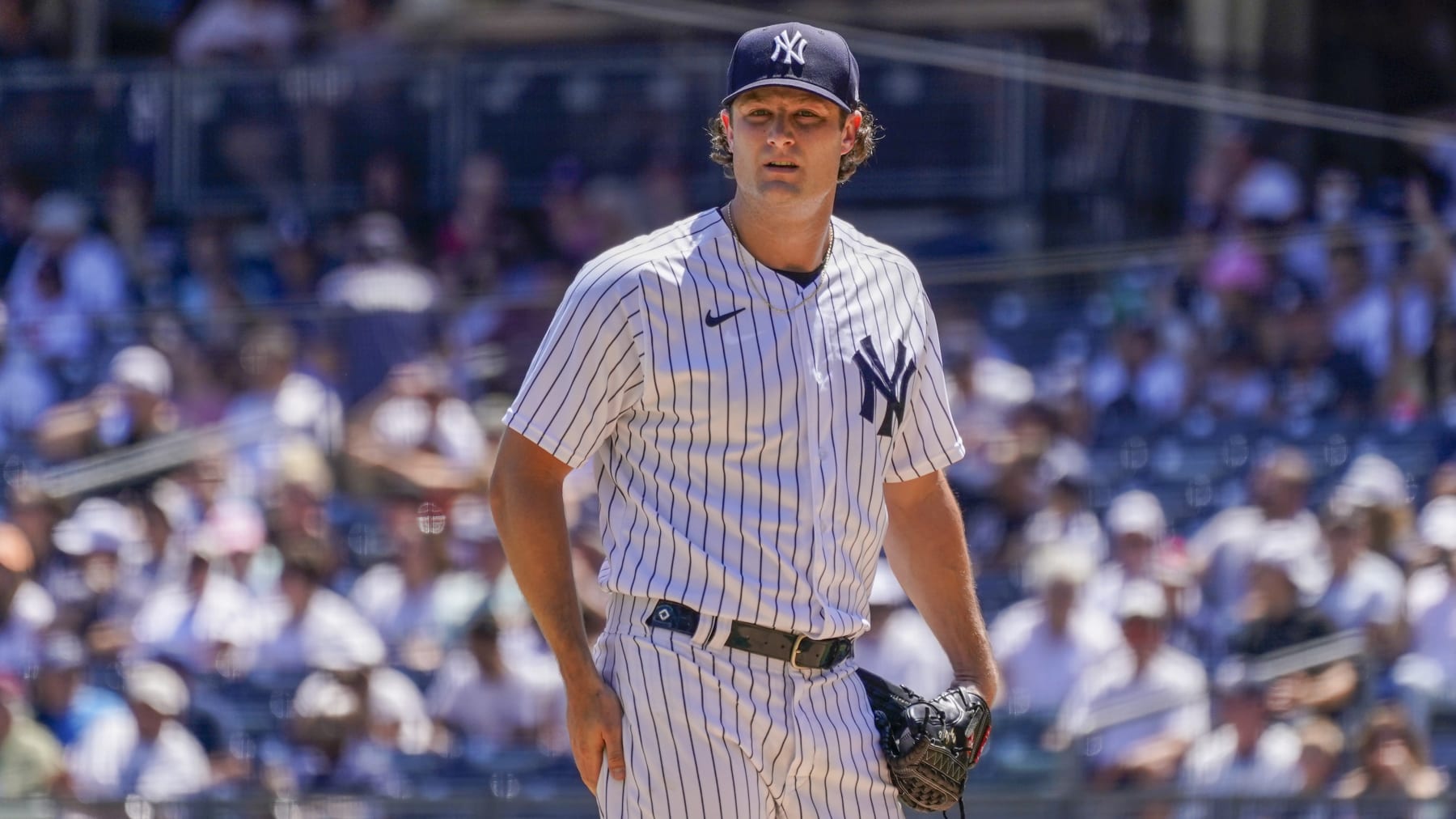 New York Yankees pitcher Gerrit Cole in the first inning of a baseball game against the Seattle Mariners, Wednesday, Aug. 3, 2022, in New York. (AP Photo/Mary Altaffer)