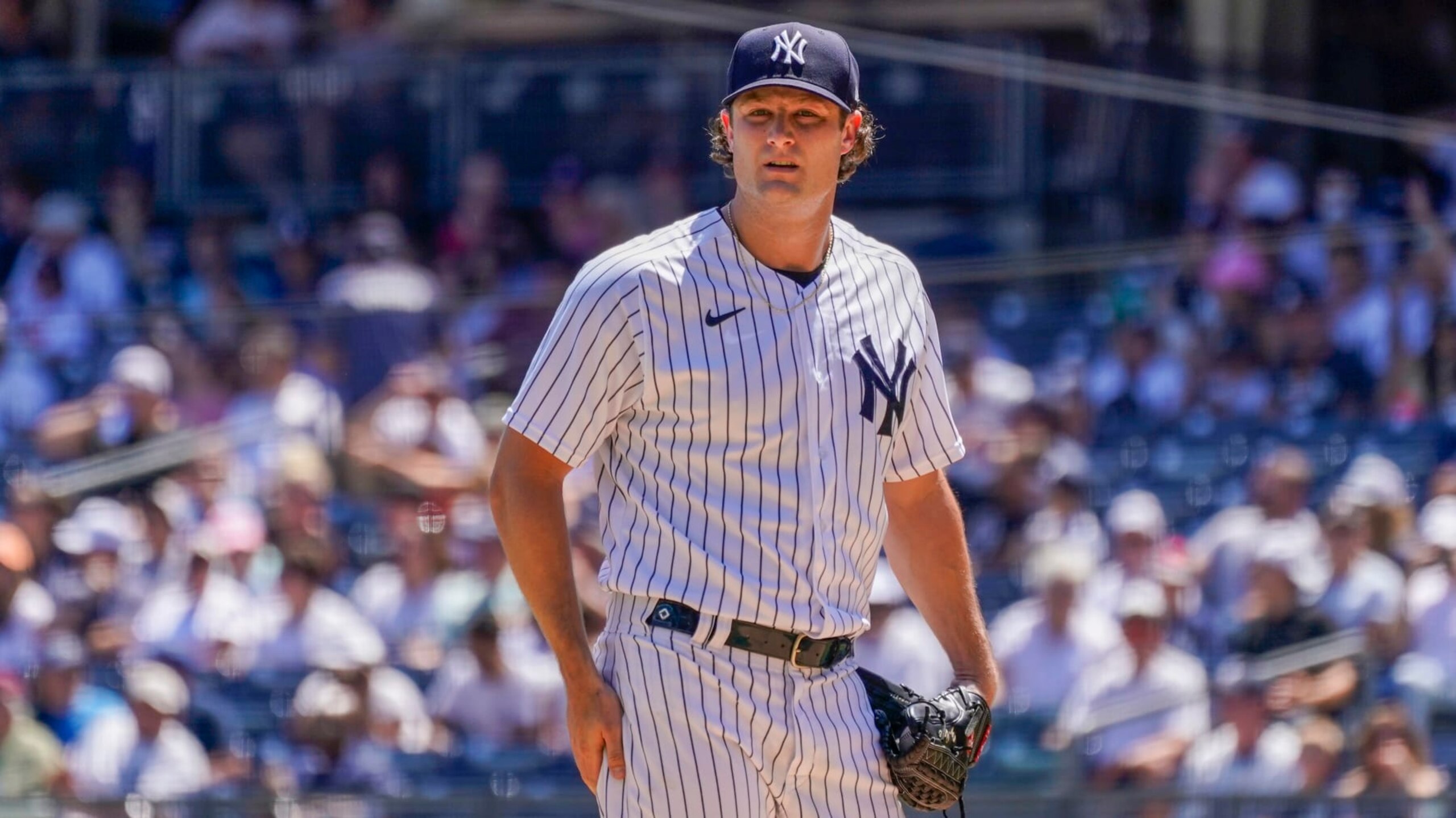 New York Yankees pitcher Gerrit Cole in the first inning of a baseball game against the Seattle Mariners, Wednesday, Aug. 3, 2022, in New York. (AP Photo/Mary Altaffer)