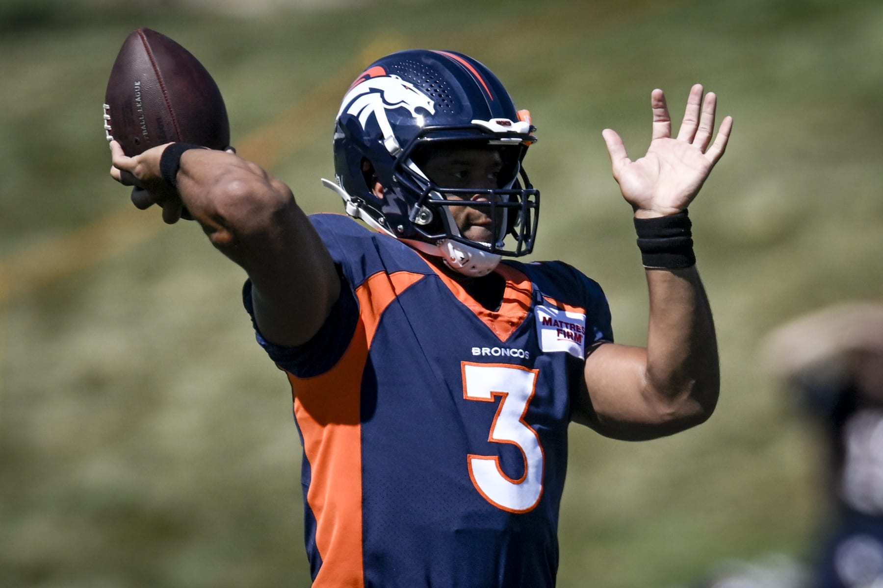 ENGLEWOOD , CO - AUGUST 2: Russell Wilson (3) of the Denver Broncos throws during training camp at UCHealth Training Center on Tuesday, August 2, 2022. (Photo by AAron Ontiveroz/MediaNews Group/The Denver Post via Getty Images)