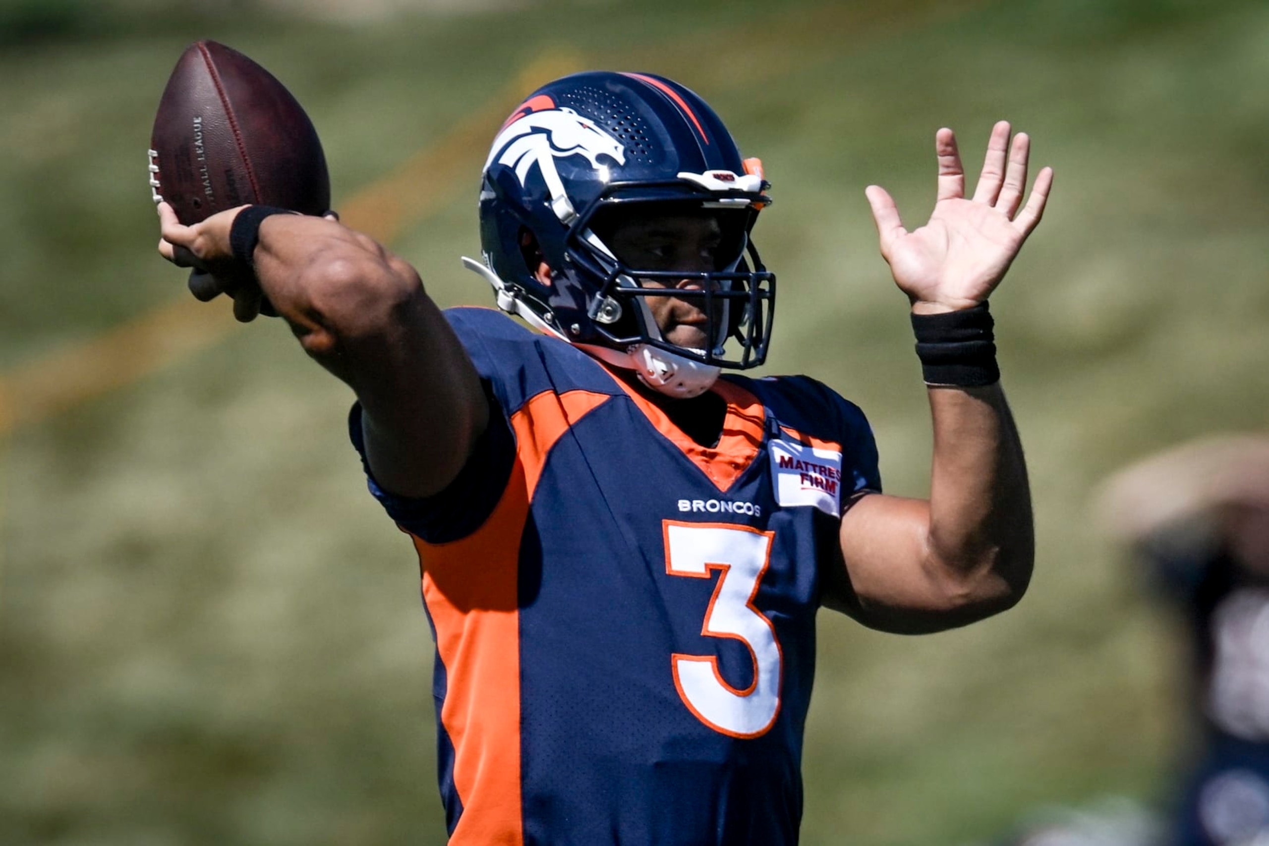 ENGLEWOOD , CO - AUGUST 2: Russell Wilson (3) of the Denver Broncos throws during training camp at UCHealth Training Center on Tuesday, August 2, 2022. (Photo by AAron Ontiveroz/MediaNews Group/The Denver Post via Getty Images)