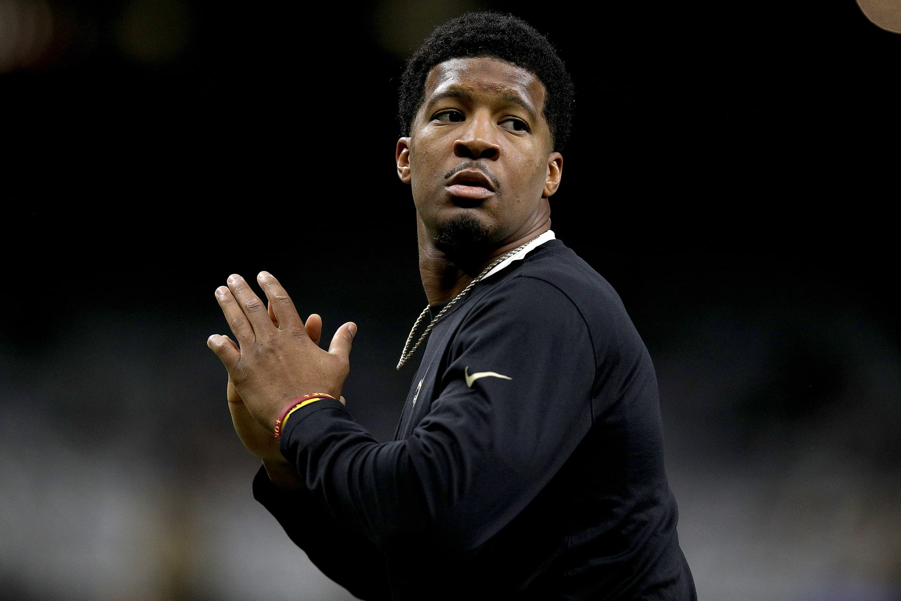 NEW ORLEANS, LOUISIANA - OCTOBER 31: Jameis Winston #2 of the New Orleans Saints warms up prior to the start of a NFL game against the Tampa Bay Buccaneers at Caesars Superdome on October 31, 2021 in New Orleans, Louisiana. (Photo by Sean Gardner/Getty Images)