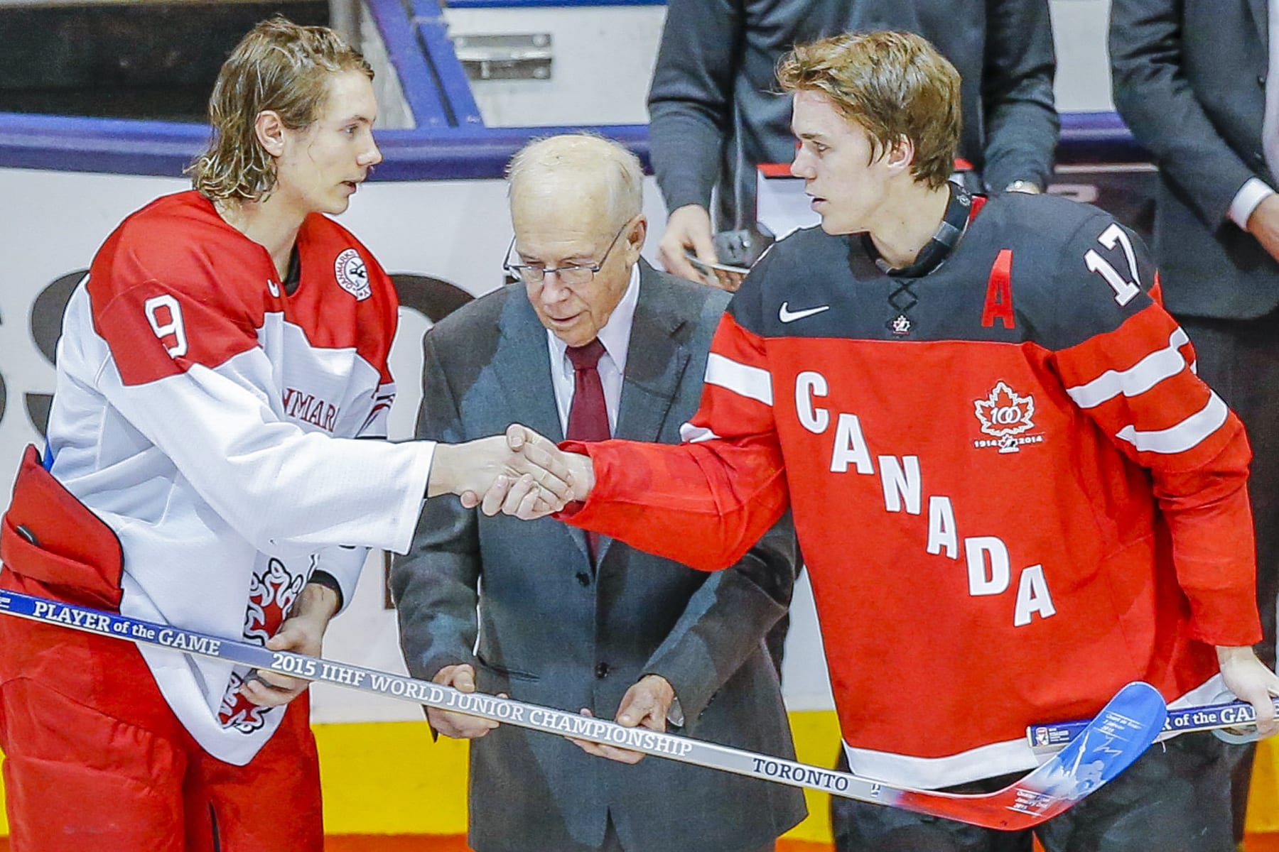 January 02 2015: Connor McDavid (17) of Team Canada and Nick Olesen (9) of Denmark shake hands after being named players of the game in Canada's 8-0 win over Denmark at the 2015 World Junior Championship at Air Canada Centre in Toronto, Canada. (Photo by John Crouch/Icon Sportswire/Corbis/Icon Sportswire via Getty Images)