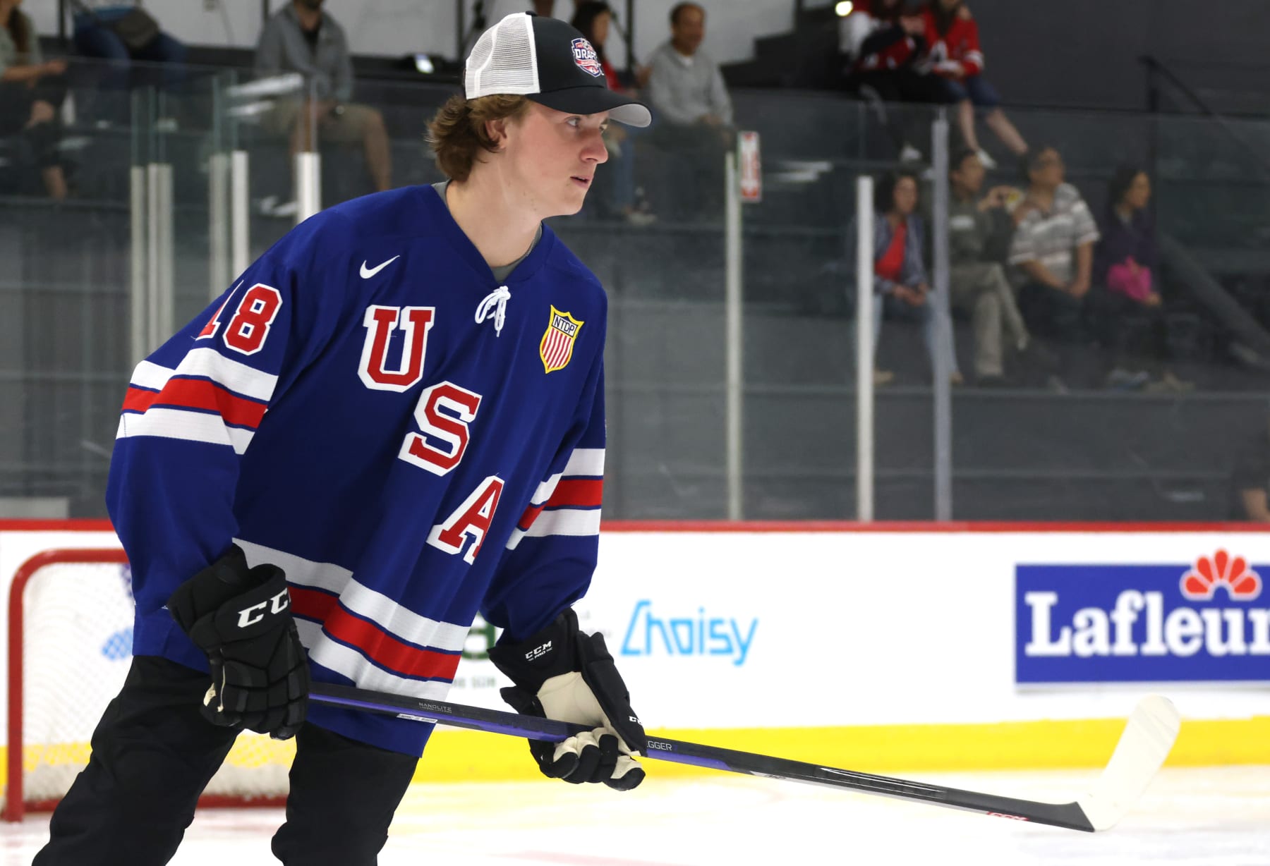 BROSSARD, QUEBEC - JULY 06:  Logan Cooley attends the 2022 NHL Draft Top Prospect Clinic at Complexe Sportif Bell on July 06, 2022 in Brossard, Quebec.  (Photo by Dave Sandford/NHLI via Getty Images)