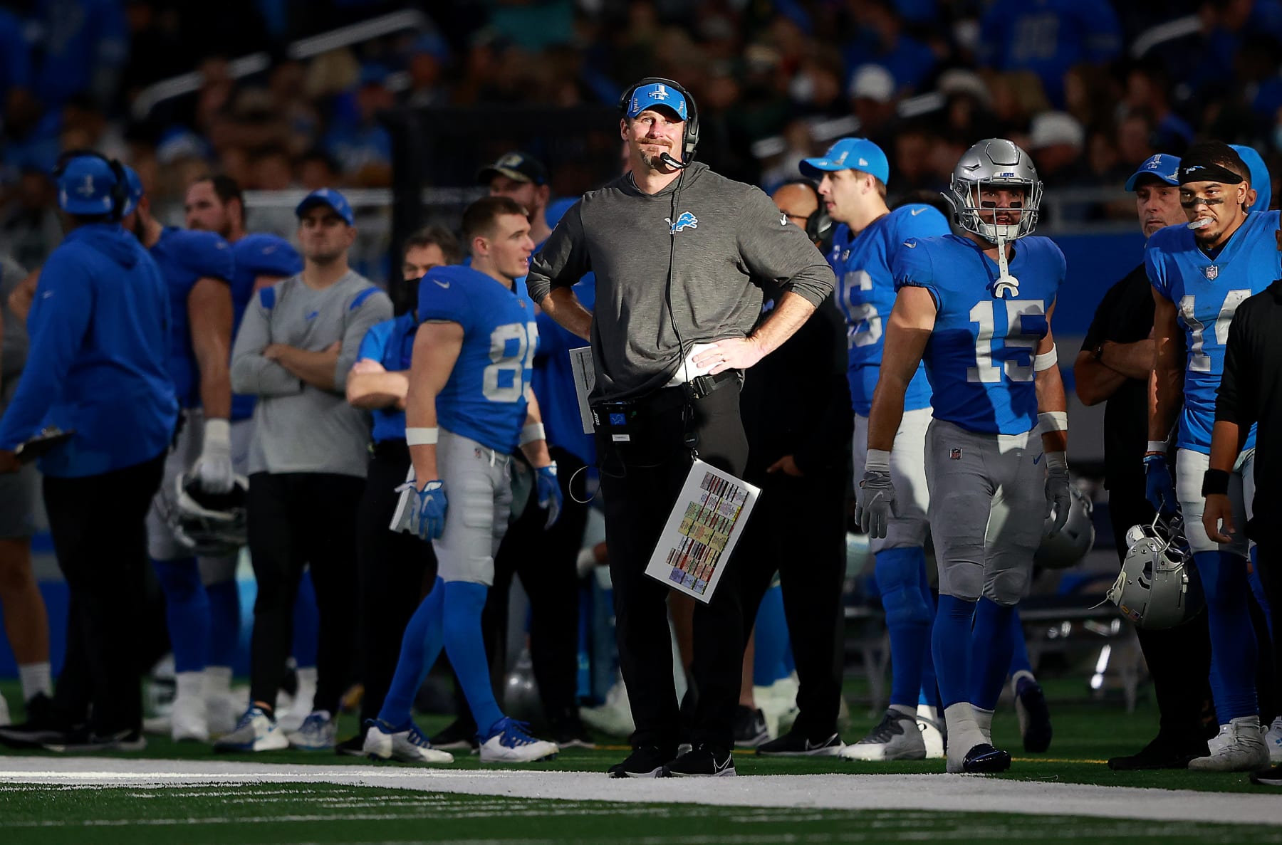 DETROIT, MICHIGAN - JANUARY 09: Head coach Dan Campbell of the Detroit Lions looks on during the fourth quarter against the Green Bay Packers at Ford Field on January 09, 2022 in Detroit, Michigan. (Photo by Rey Del Rio/Getty Images)