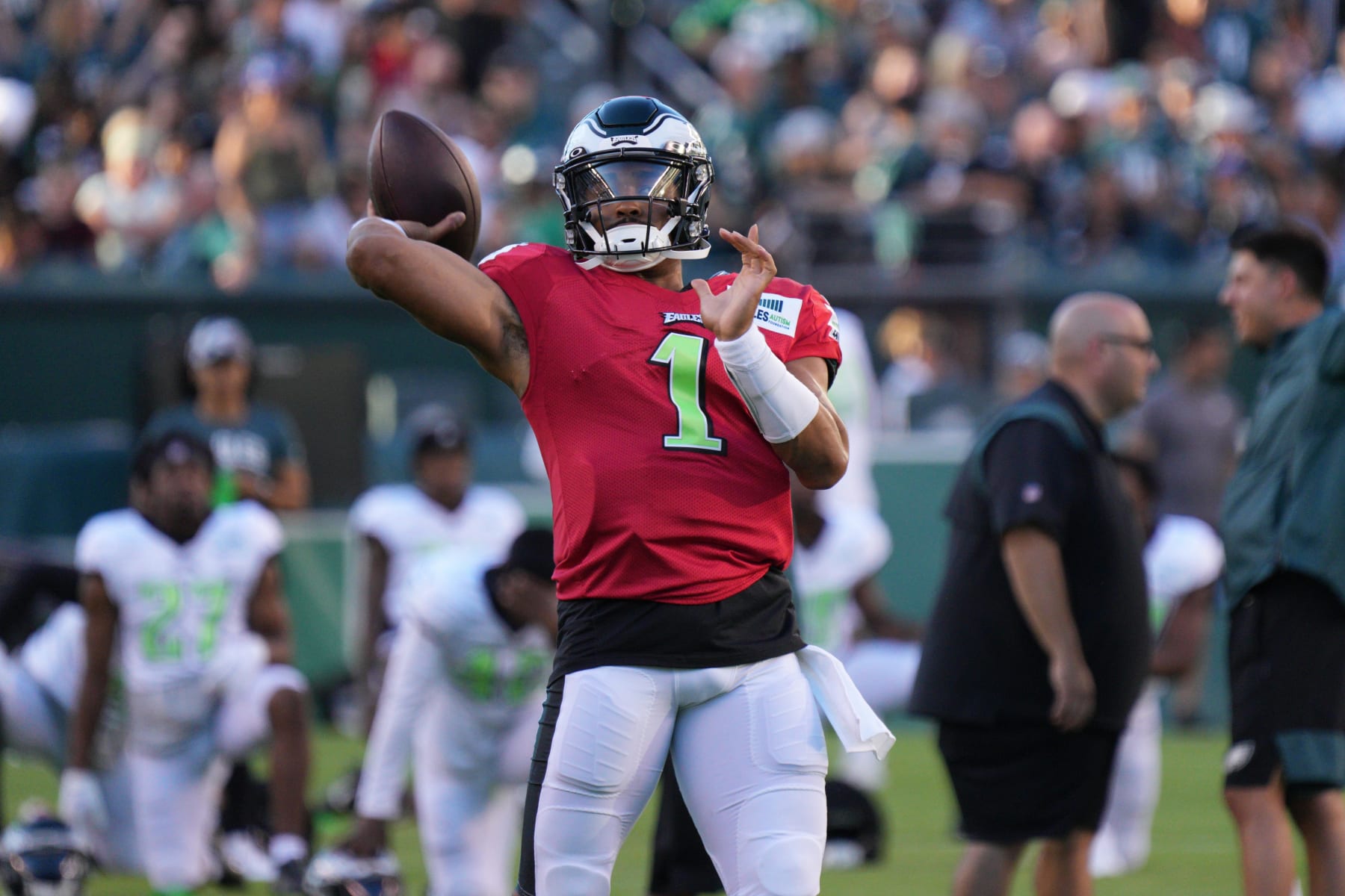 PHILADELPHIA, PA - AUGUST 07: Philadelphia Eagles quarterback Jalen Hurts (1) throws a pass during training camp on August 7, 2022 at Lincoln Financial Field in Philadelphia PA. (Photo by Andy Lewis/Icon Sportswire via Getty Images)