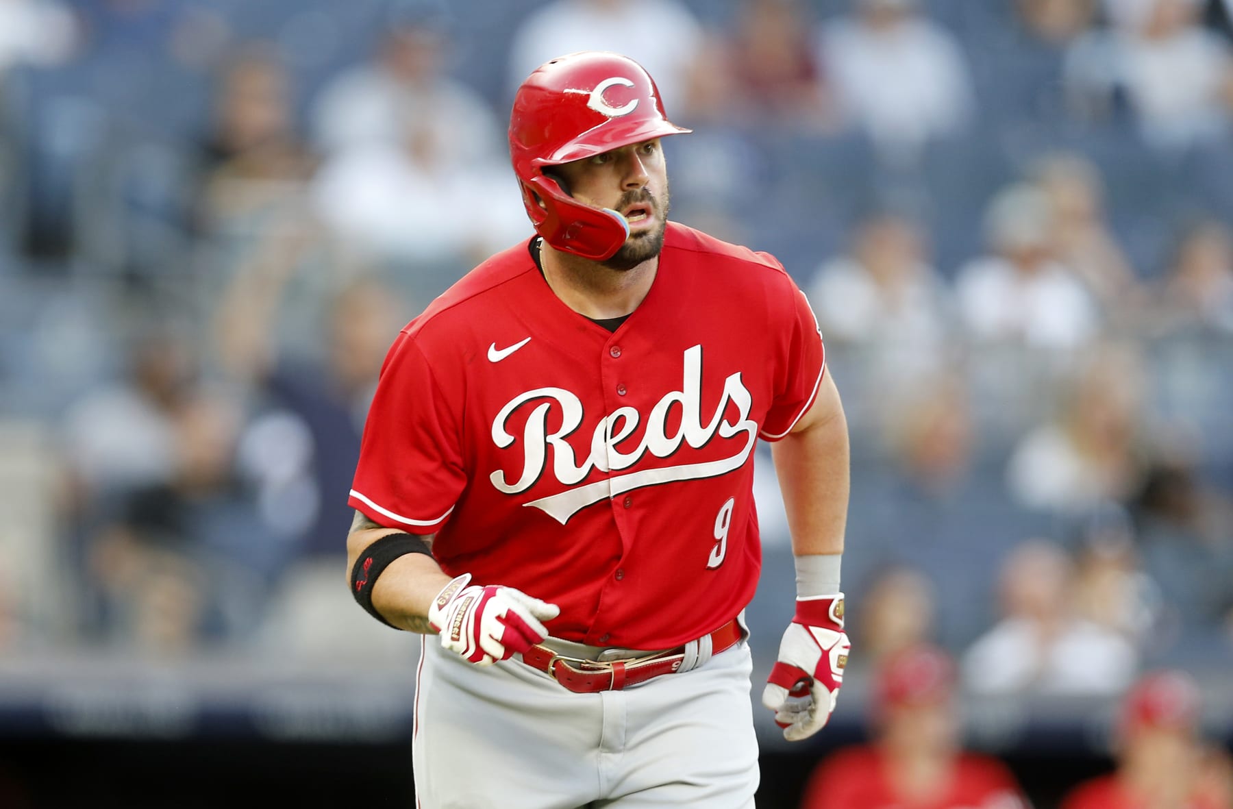 NEW YORK, NEW YORK - JULY 13:  Mike Moustakas #9 of the Cincinnati Reds runs the bases after his second inning home run against the New York Yankees at Yankee Stadium on July 13, 2022 in New York City. The Yankees defeated the Reds 7-6 in ten innings. (Photo by Jim McIsaac/Getty Images)