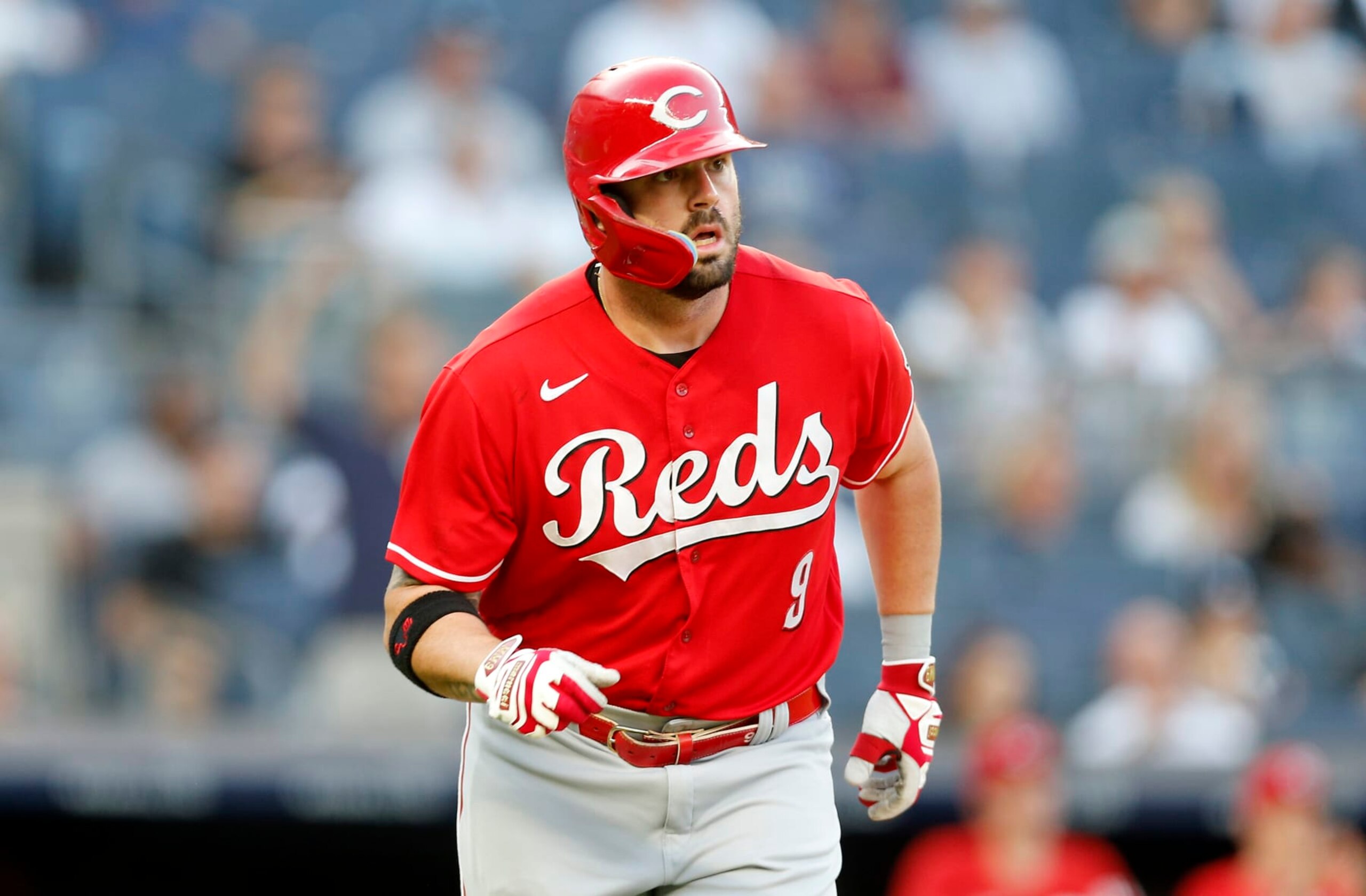 NEW YORK, NEW YORK - JULY 13:  Mike Moustakas #9 of the Cincinnati Reds runs the bases after his second inning home run against the New York Yankees at Yankee Stadium on July 13, 2022 in New York City. The Yankees defeated the Reds 7-6 in ten innings. (Photo by Jim McIsaac/Getty Images)
