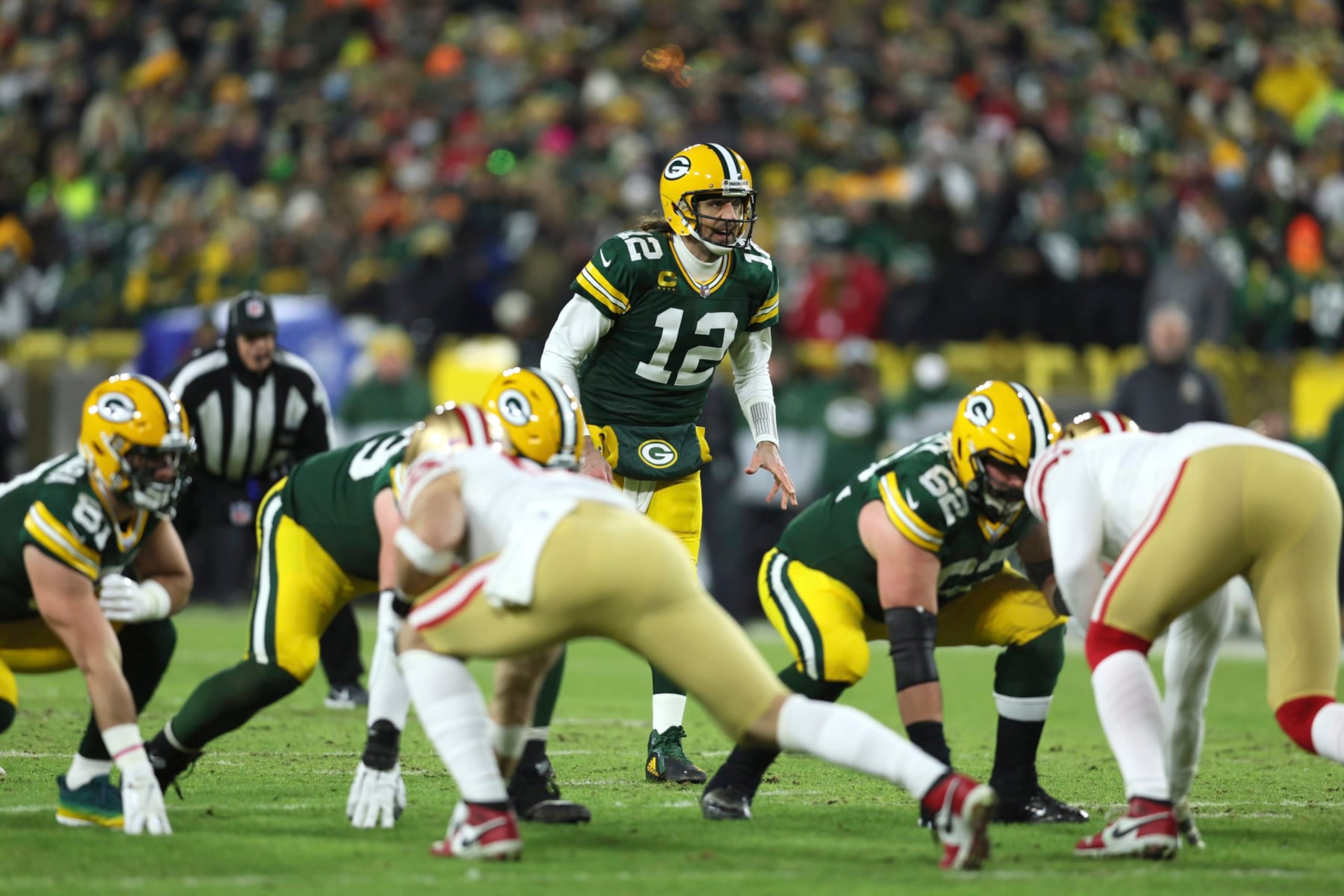 Football: NFL Playoffs: Green Bay Packers QB Aaron Rodgers (12) calling signals during game vs San Francisco 49ers at Lambeau Field. Green Bay, WI 1/22/2022 CREDIT: Jeff Haynes (Photo by Jeff Haynes/Sports Illustrated via Getty Images) (Set Number: X163912 TK`1)