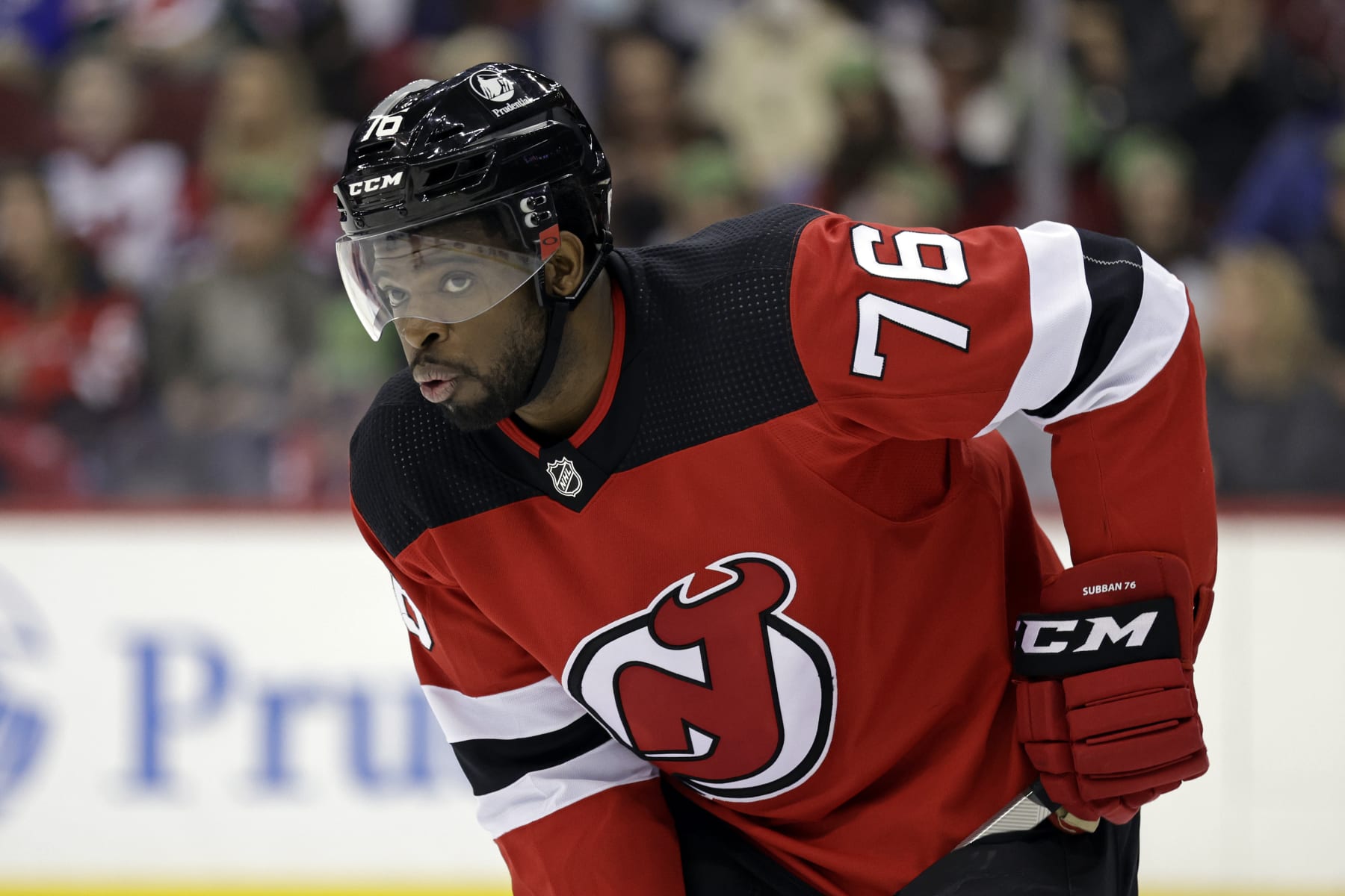 New Jersey Devils defenseman P.K. Subban (76) skates against the Montreal Canadiens during the second period of an NHL hockey game Sunday, March 27, 2022, in Newark, N.J. (AP Photo/Adam Hunger)