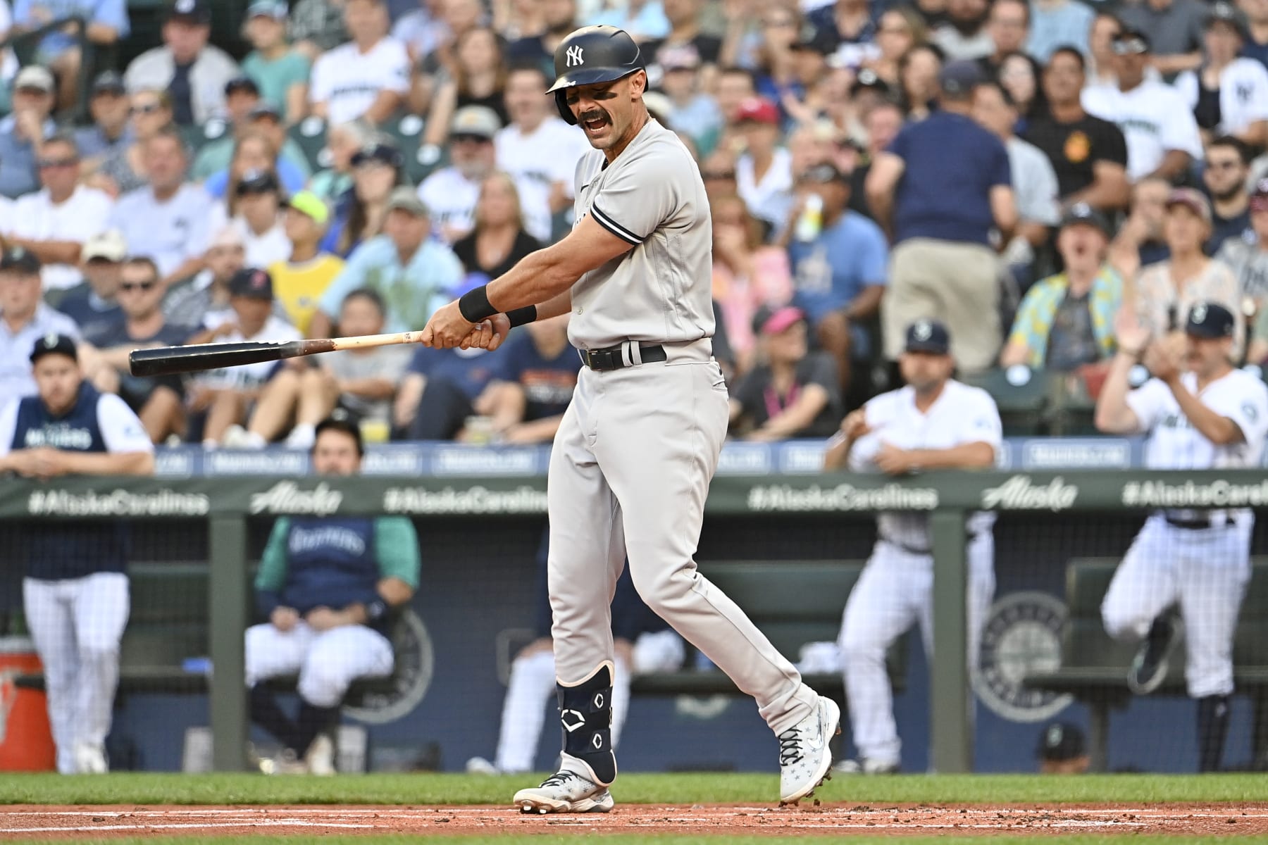 SEATTLE, WASHINGTON - AUGUST 08: Matt Carpenter #24 of the New York Yankees reacts to striking out during the first inning against the Seattle Mariners at T-Mobile Park on August 08, 2022 in Seattle, Washington. (Photo by Alika Jenner/Getty Images)